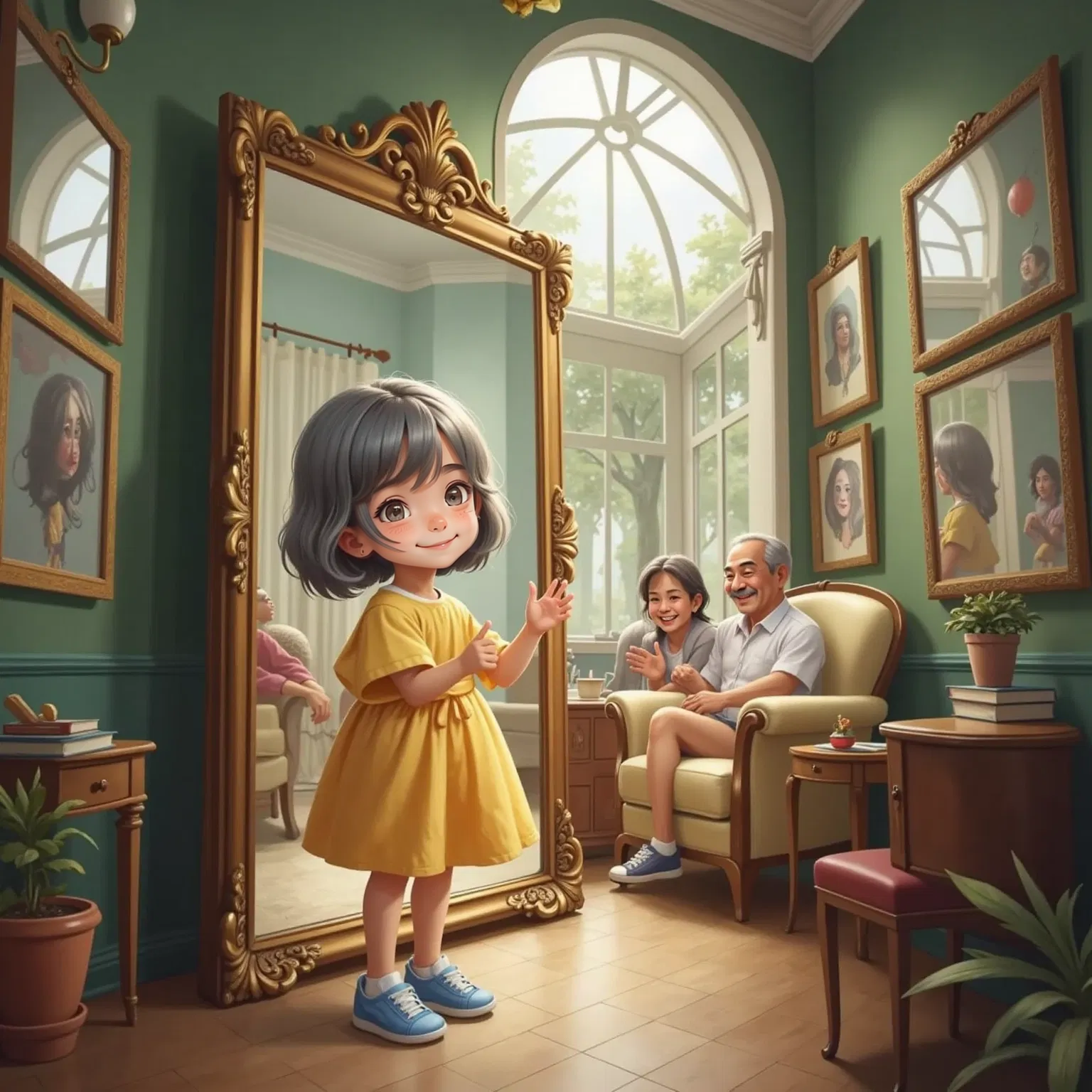 Nia in the Mirror Menagerie, reaching towards a mirror showing her parents