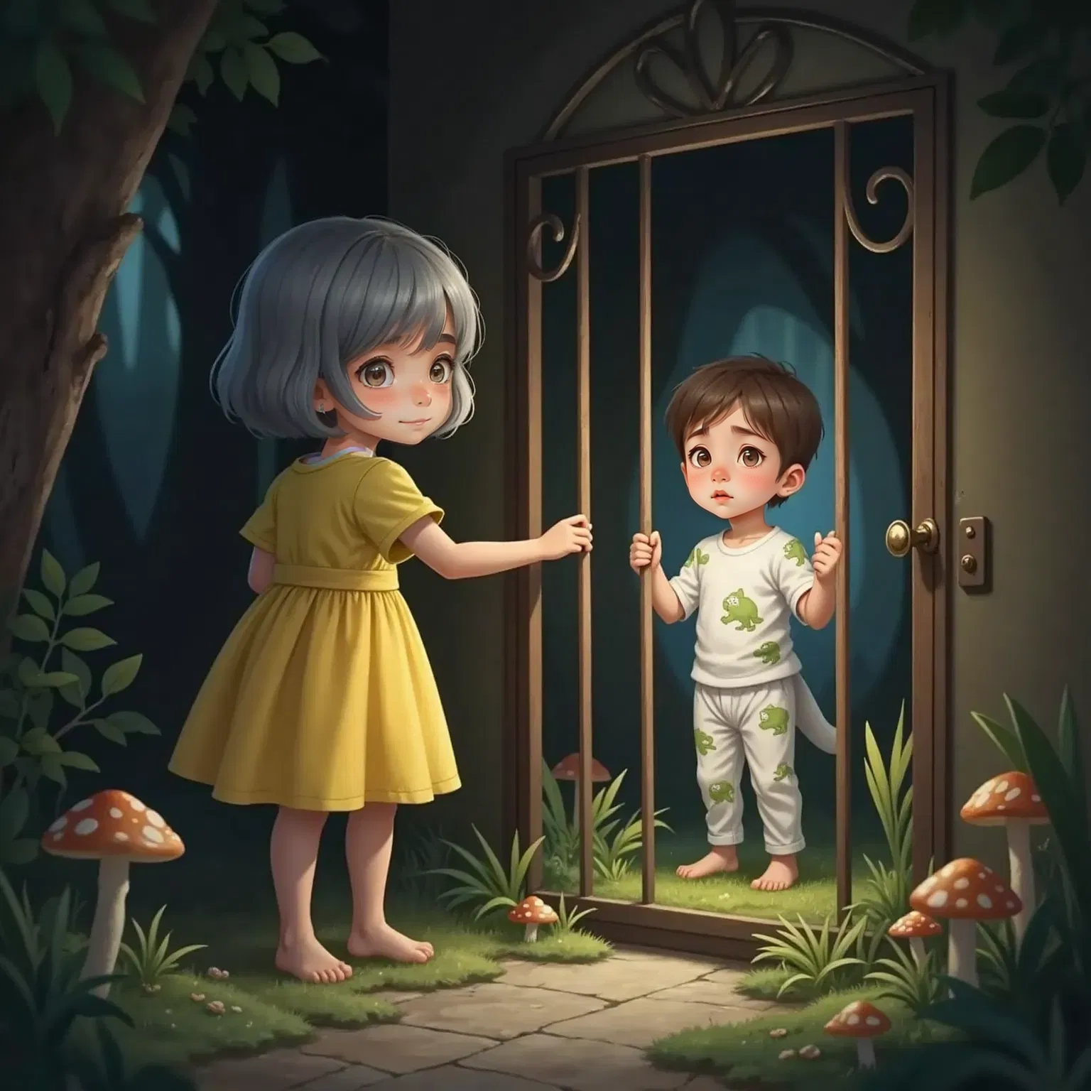 Nia reaching through bars to touch Max, who is becoming more solid, in a shadowy cage setting
