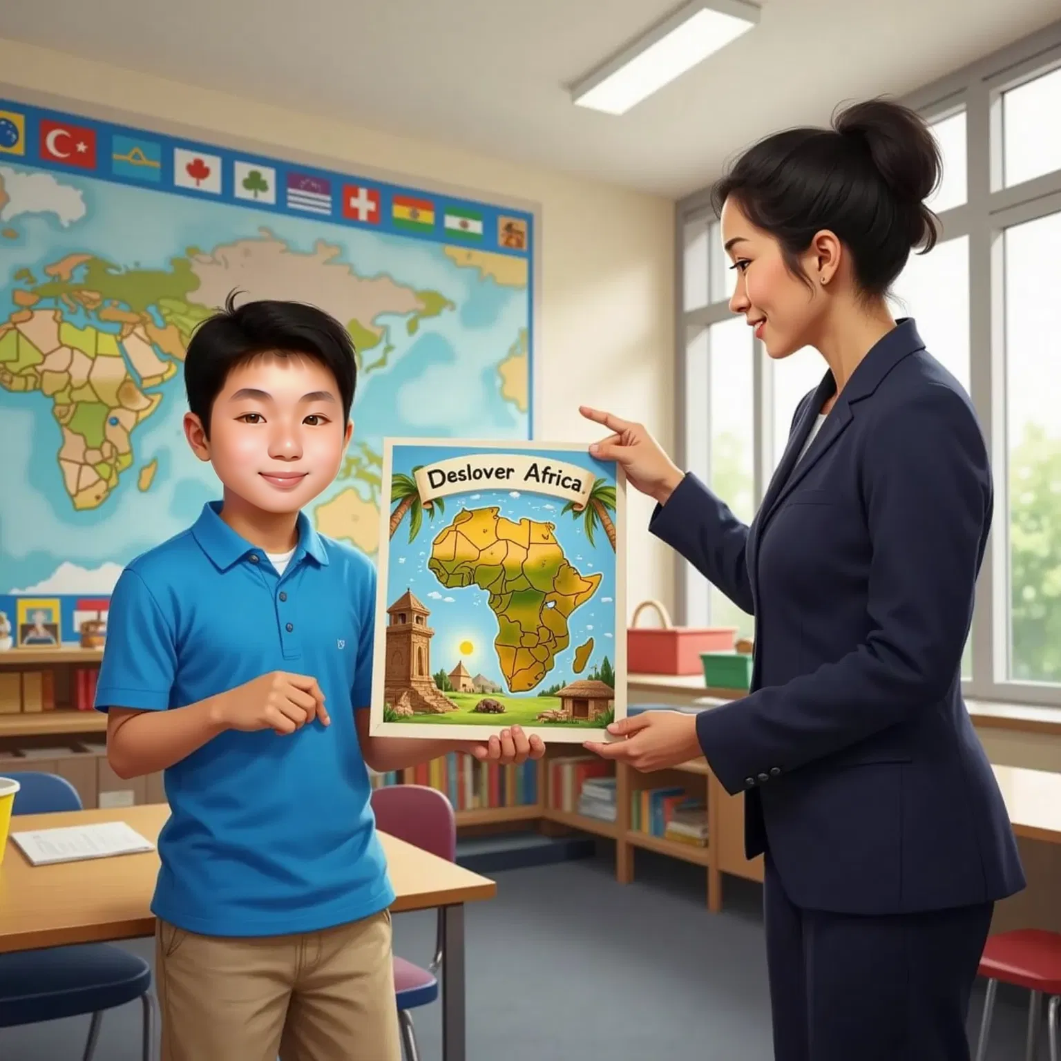 Caesar proudly holding a detailed poster about Africa, with a big smile as his teacher praises him.