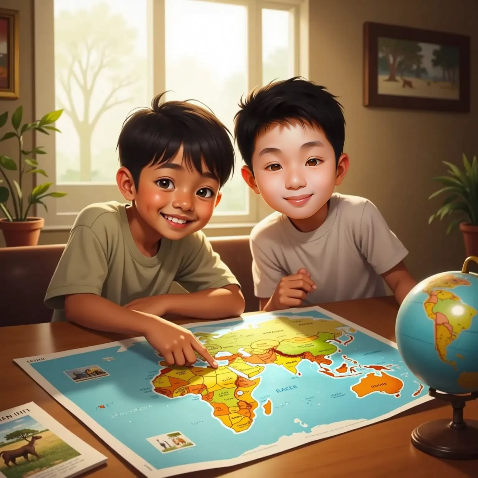 Caesar excitedly looking at a map with his parents, pointing to Kenya and Tanzania, with a determined expression.
