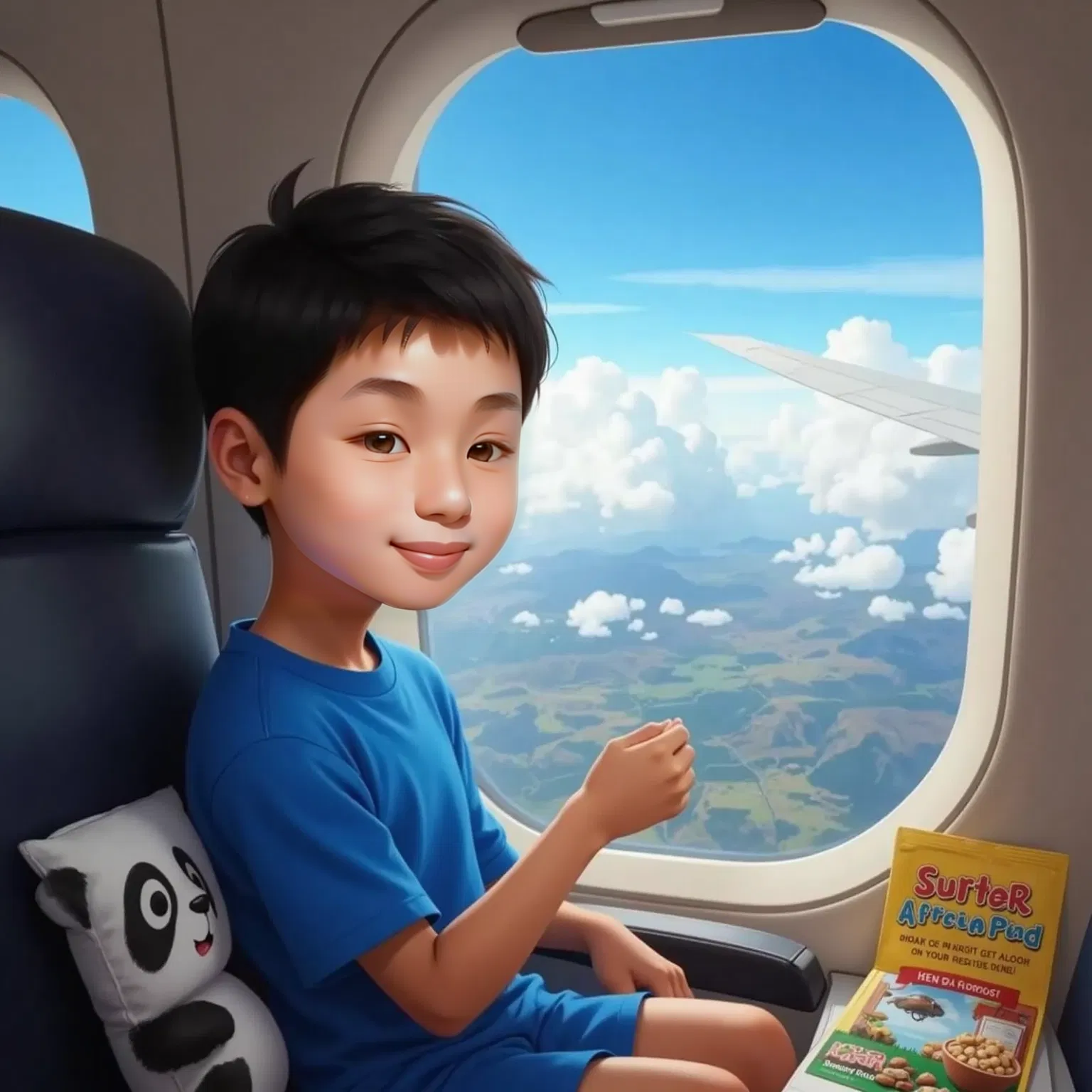 Caesar looking out the airplane window, wide-eyed and excited, with clouds and the African continent below.