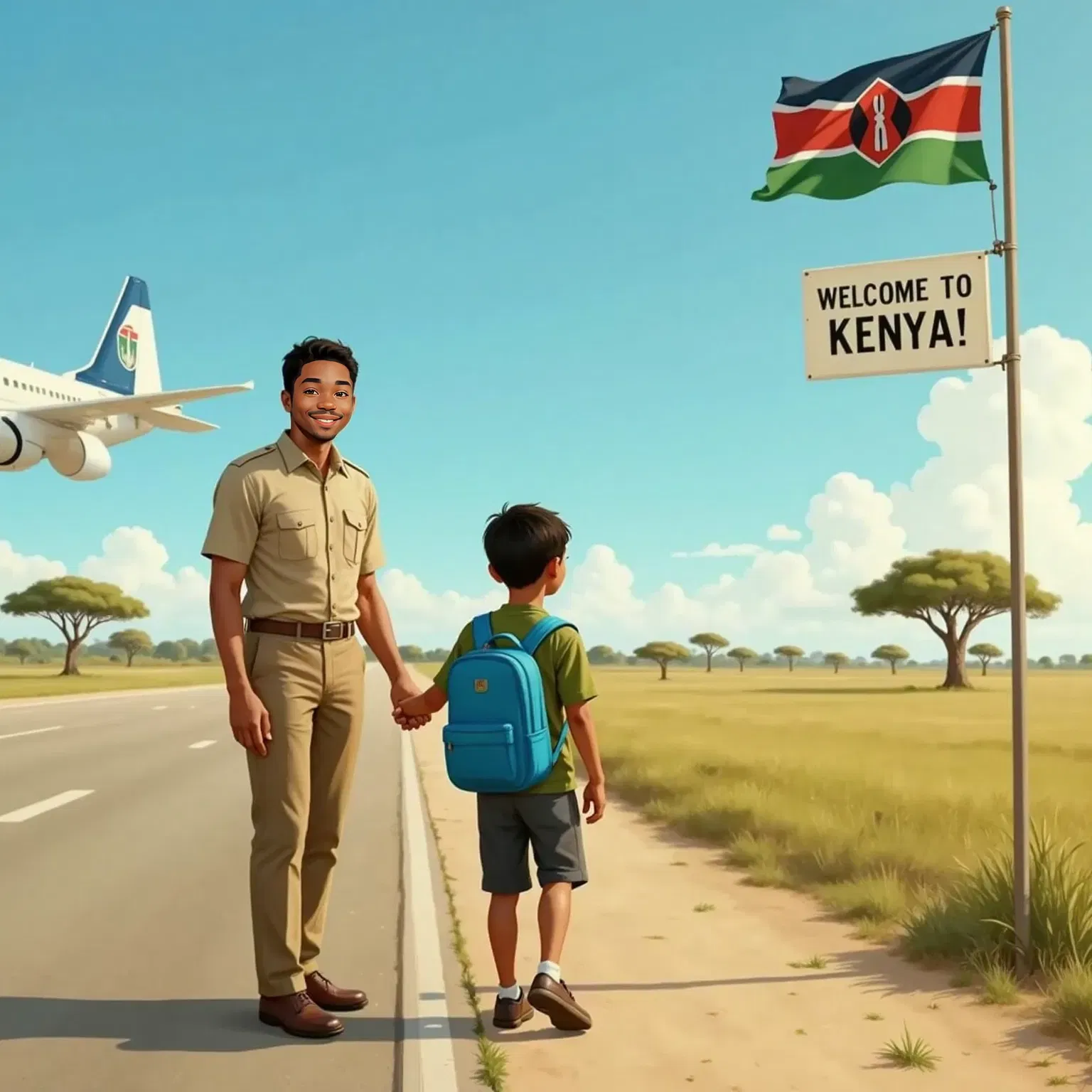 Caesar stepping off the plane in Nairobi, greeted by Jabari with a warm smile, with acacia trees visible in the background.