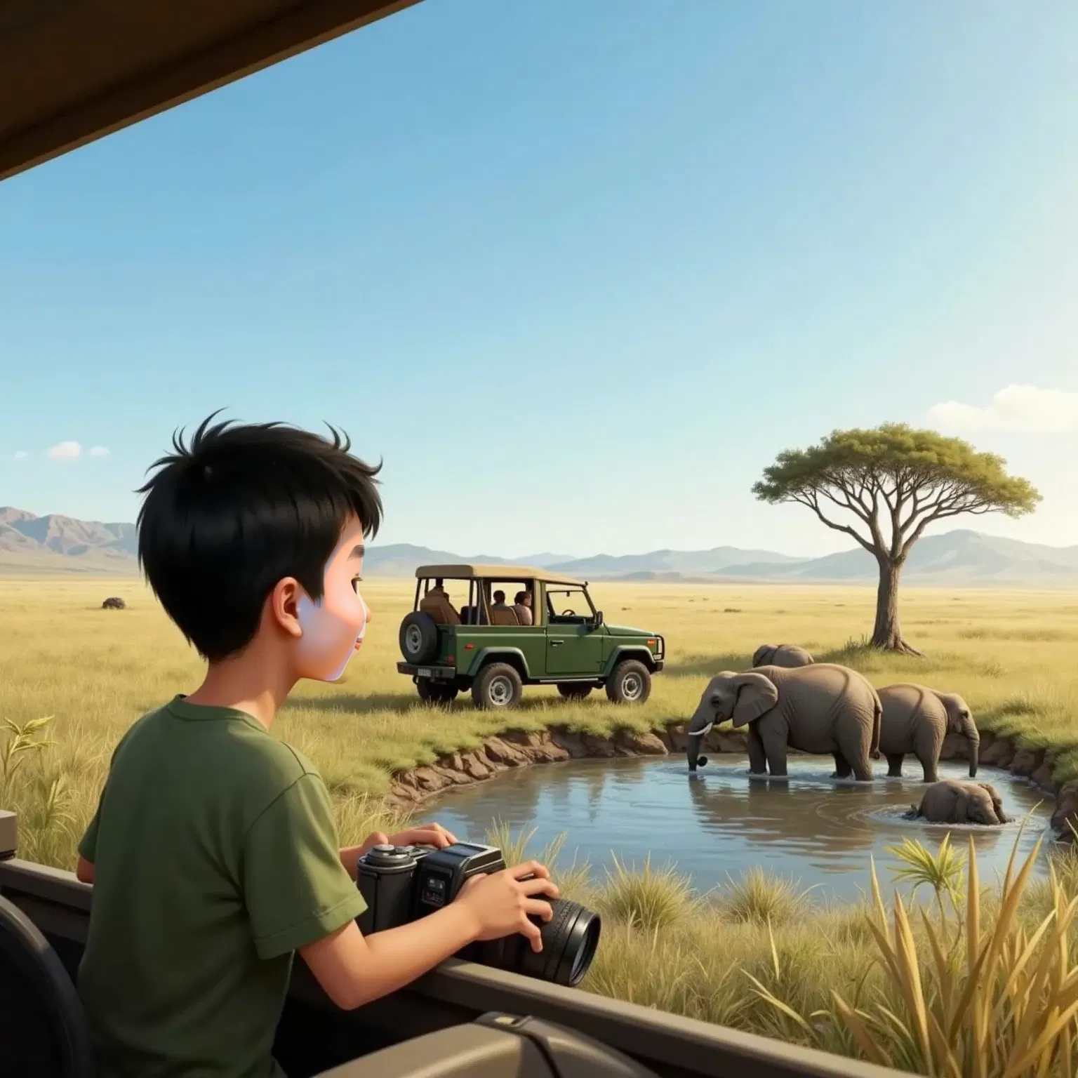 Caesar in a jeep on the savanna, looking amazed at a family of elephants by a watering hole, camera in hand.