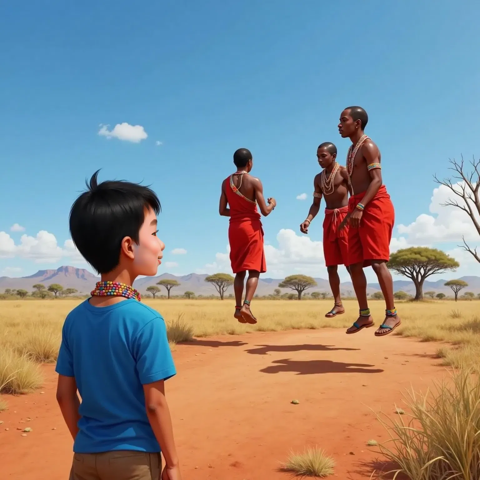 Maasai warriors performing a jumping dance under a blue sky, with Caesar watching in awe, wearing a traditional beaded necklace.
