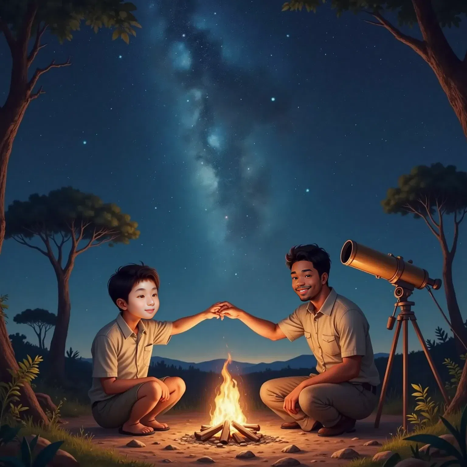 Caesar under a star-filled sky, listening to Jabari point out constellations, feeling connected to the universe.