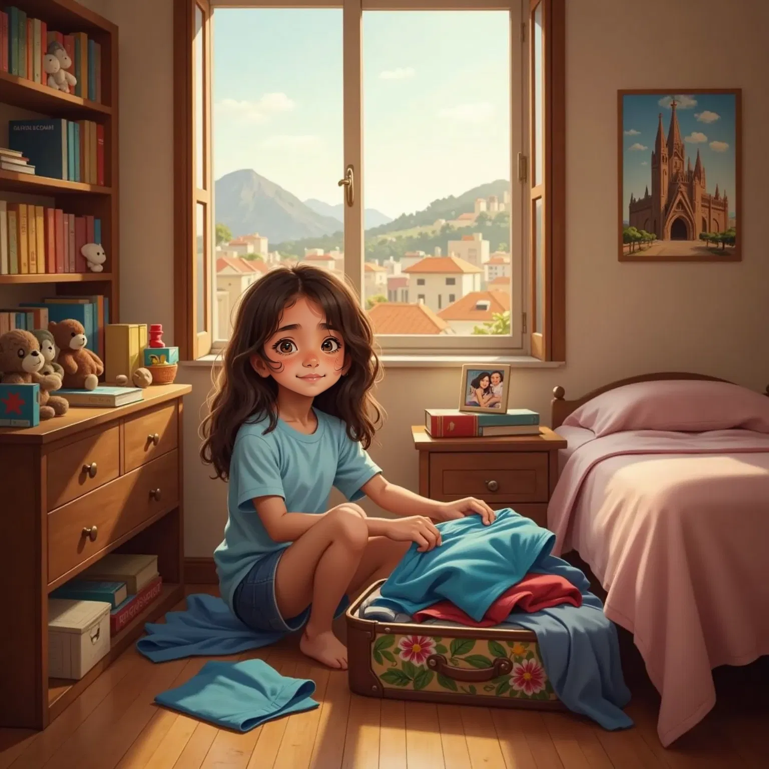 odalys sits on the floor of her cozy bedroom in Barcelona, carefully folding clothes into a suitcase. A window glows with golden evening light, revealing a view of terracotta rooftops and distant mountains. Her eyes are thoughtful and a little sad. The room has a few favorite toys and books, showing her personality. She is holding a shirt against her chest, as if trying to hold on to something familiar.