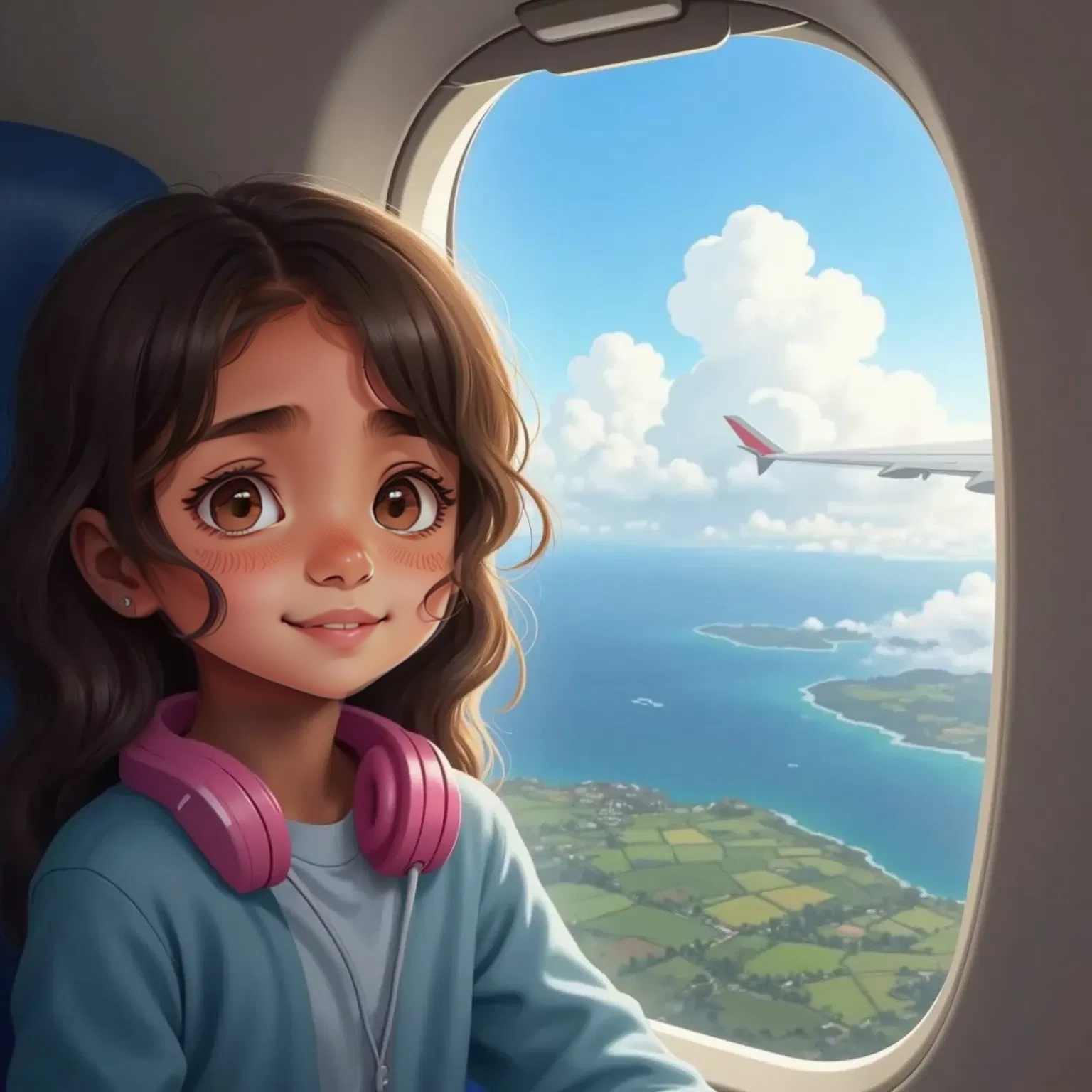 Inside an airplane, Odalys leans against the window, gazing out at the clouds below with wide eyes filled with wonder and worry. She wears a soft hoodie and has headphones around her neck. Outside the window, the Earth looks small—patches of green, ocean blue, and endless sky. Floating above the clouds are translucent Spanish words like “familia,” “casa,” and “te quiero,” gently drifting behind the plane like a trail of petals.