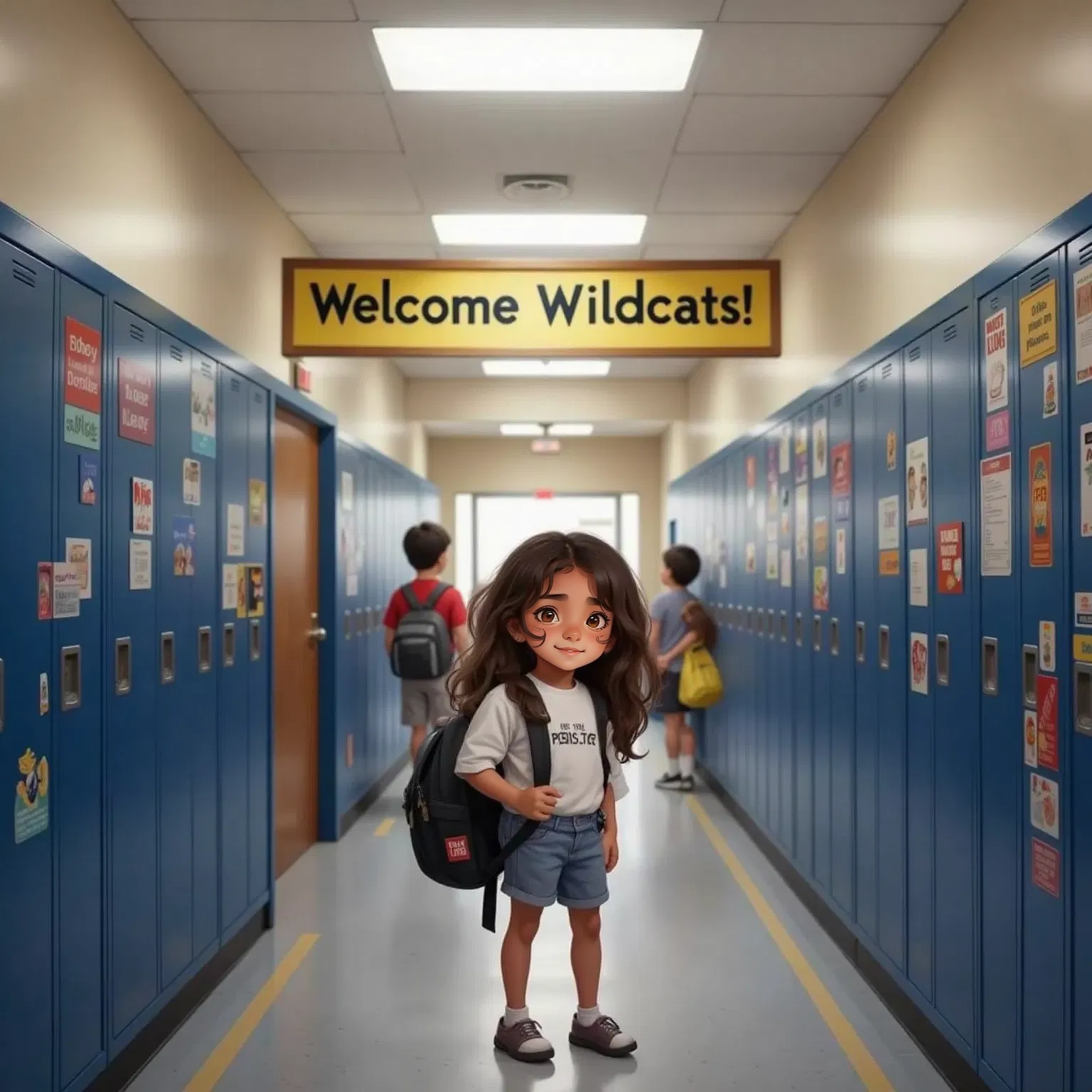 Odalys stands in a crowded American middle school hallway. Her backpack looks too big for her small frame. Students rush past her, talking in fast English, their speech shown as swirling words she can’t understand. She looks lost, clutching her backpack straps tightly, with a nervous expression. The walls are filled with lockers, and the school environment is bright but overwhelming.