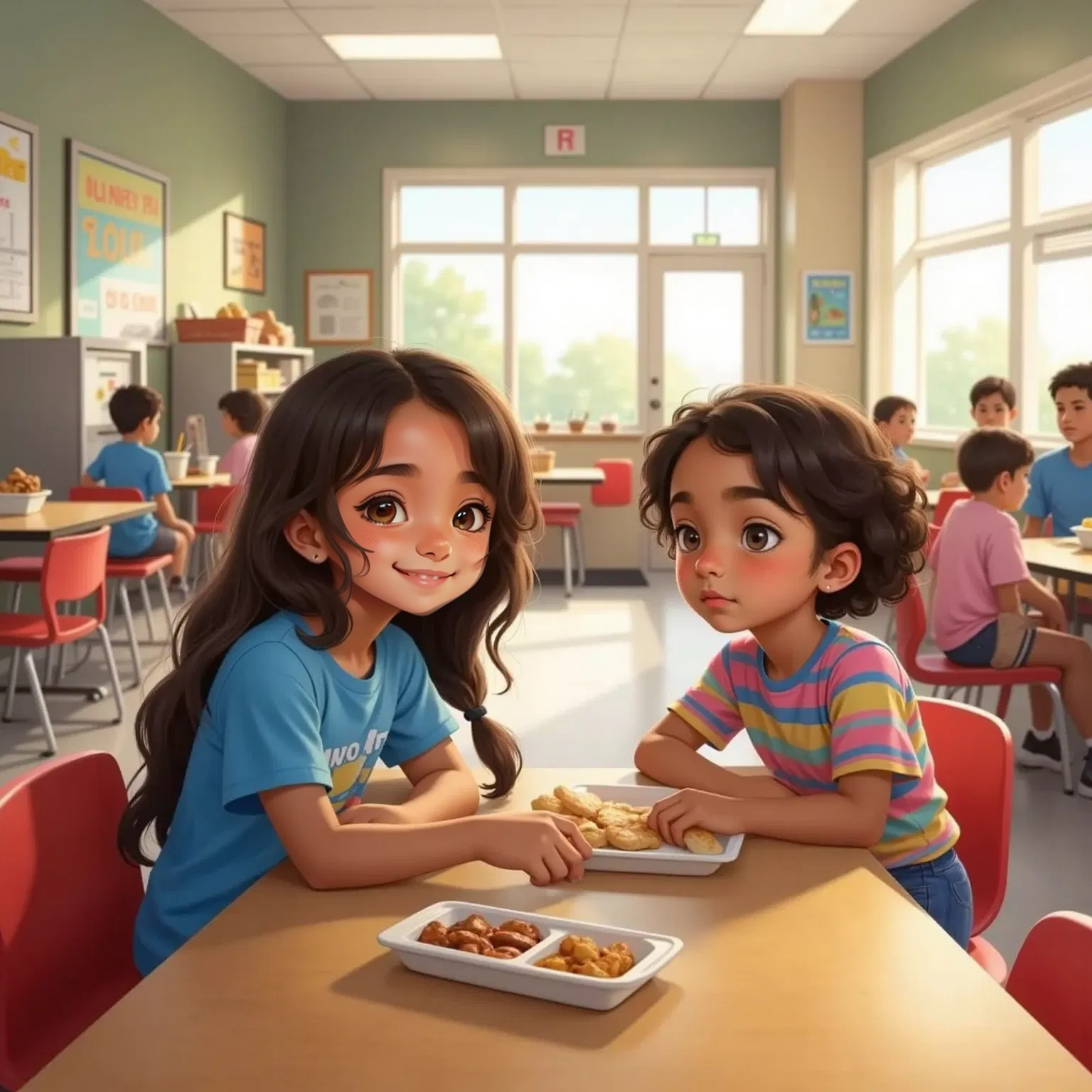 In a busy cafeteria, Odalys sits alone at a lunch table, her tray barely touched. She looks down shyly, missing home. Then, a friendly girl with big curly hair and a bright smile, Emma, is sliding into the seat beside her. Emma leans in cheerfully, saying hi. Odalys offers a small, surprised smile. Around them, the lunchroom is lively, filled with chatter and trays of colorful food.