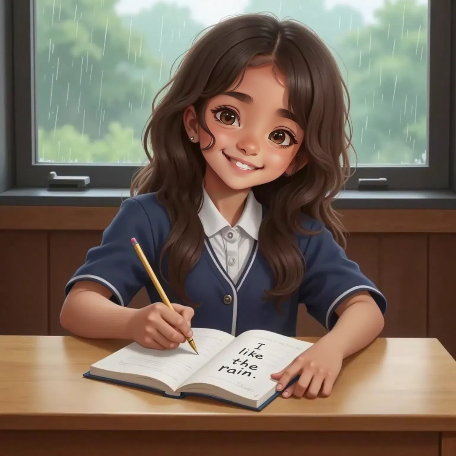 A close-up of Odalys’s hand writing “I like the rain.” in neat, careful handwriting in her notebook. Her face beams with quiet pride. Outside the classroom window, gentle rain is falling. The words on the page shimmer with significance. It’s a peaceful, powerful moment.