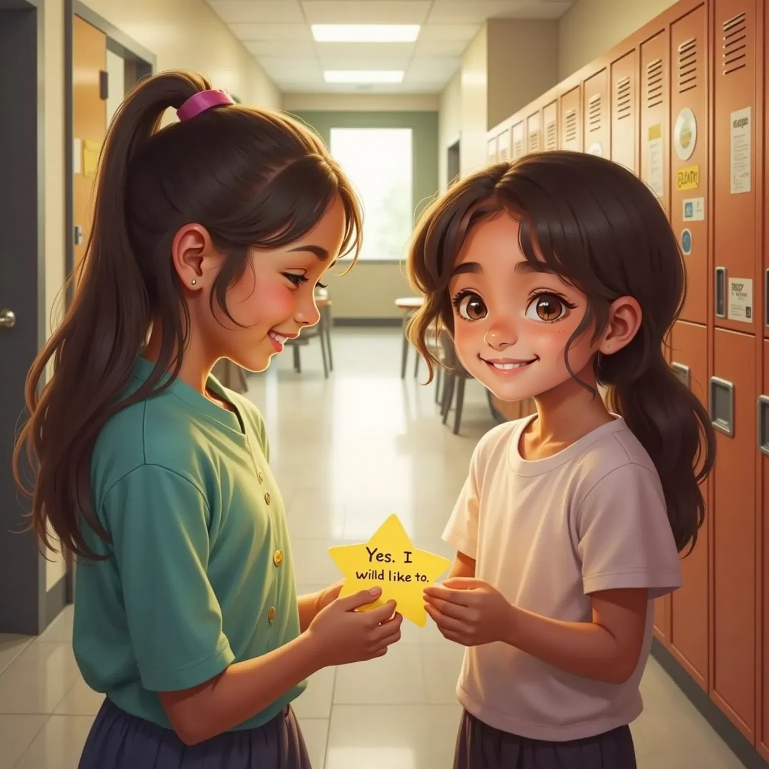 In a cheerful school hallway, Emma is handing Odalys a folded note shaped like a star. Odalys opens it, revealing the message: “Come over after school?” Her eyes widen with joy. The reply she writes, “Yes. I would like to,” glows softly on the paper. Behind them, lockers are decorated with friendly doodles and names.