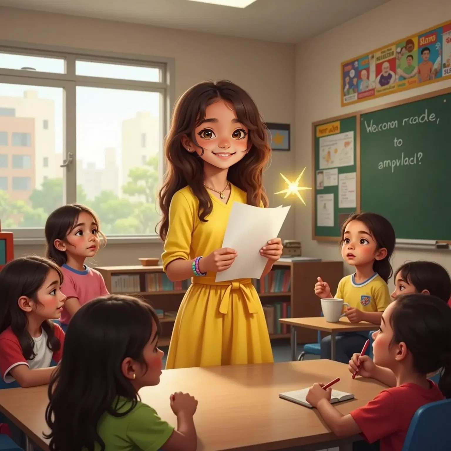 Odalys stands at the front of her classroom holding a piece of paper. Her classmates sit watching, Emma smiling brightly in the front row. Odalys’s face is focused, slightly nervous but confident. Glowing words float around her: “I come from Spain. I speak two languages.” The room feels full of support and light.
