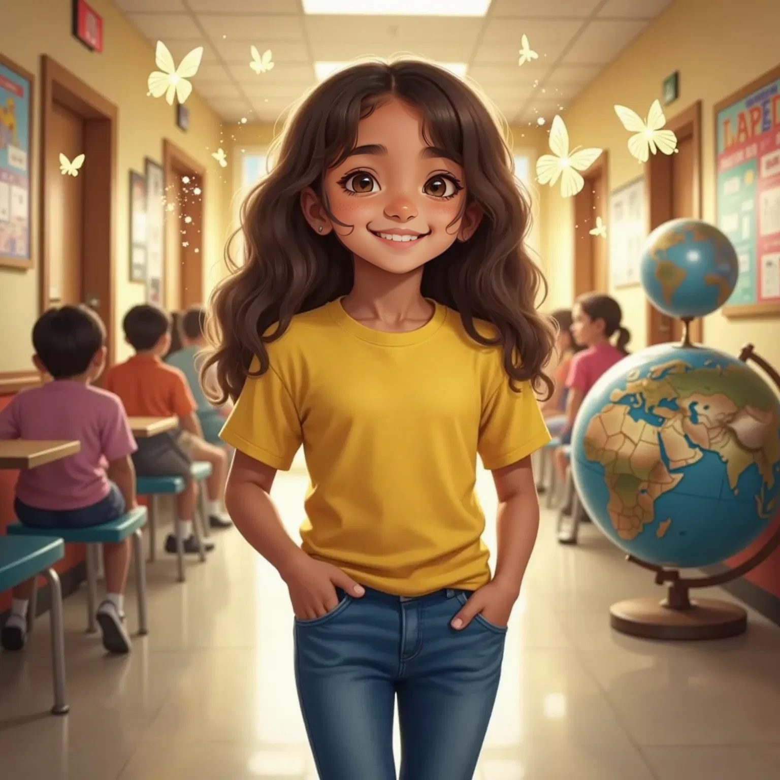 Odalys walks through the school hallway, surrounded by gently glowing Spanish and English words floating around her like butterflies. Her head is held high, and her smile is confident. A soft golden light surrounds her. The walls are lined with student art, and a globe spins in the background. She is walking toward a bright future, bridging two worlds.