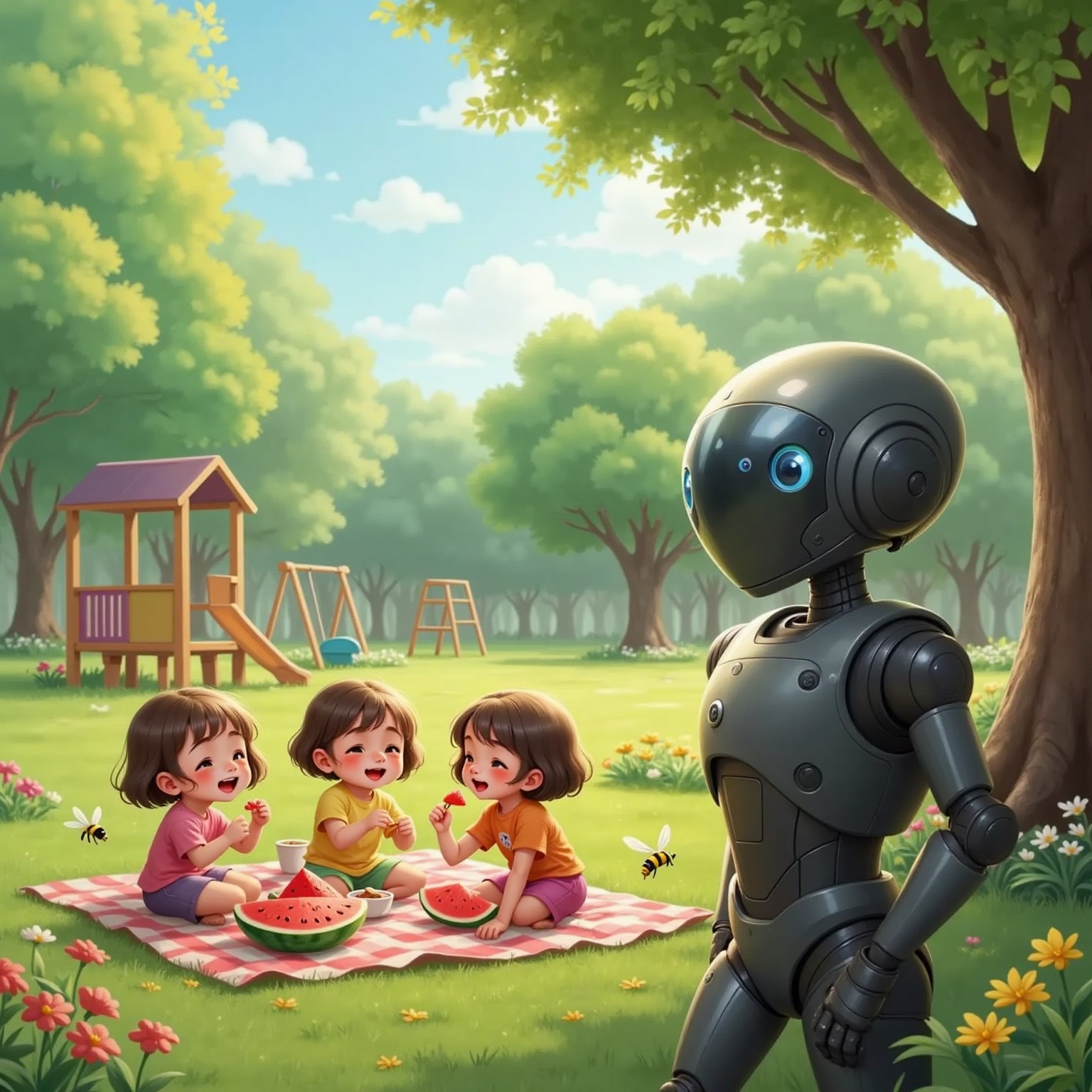 A metallic-eyed Roberto watching children laugh while eating juicy fruit in a sunny park