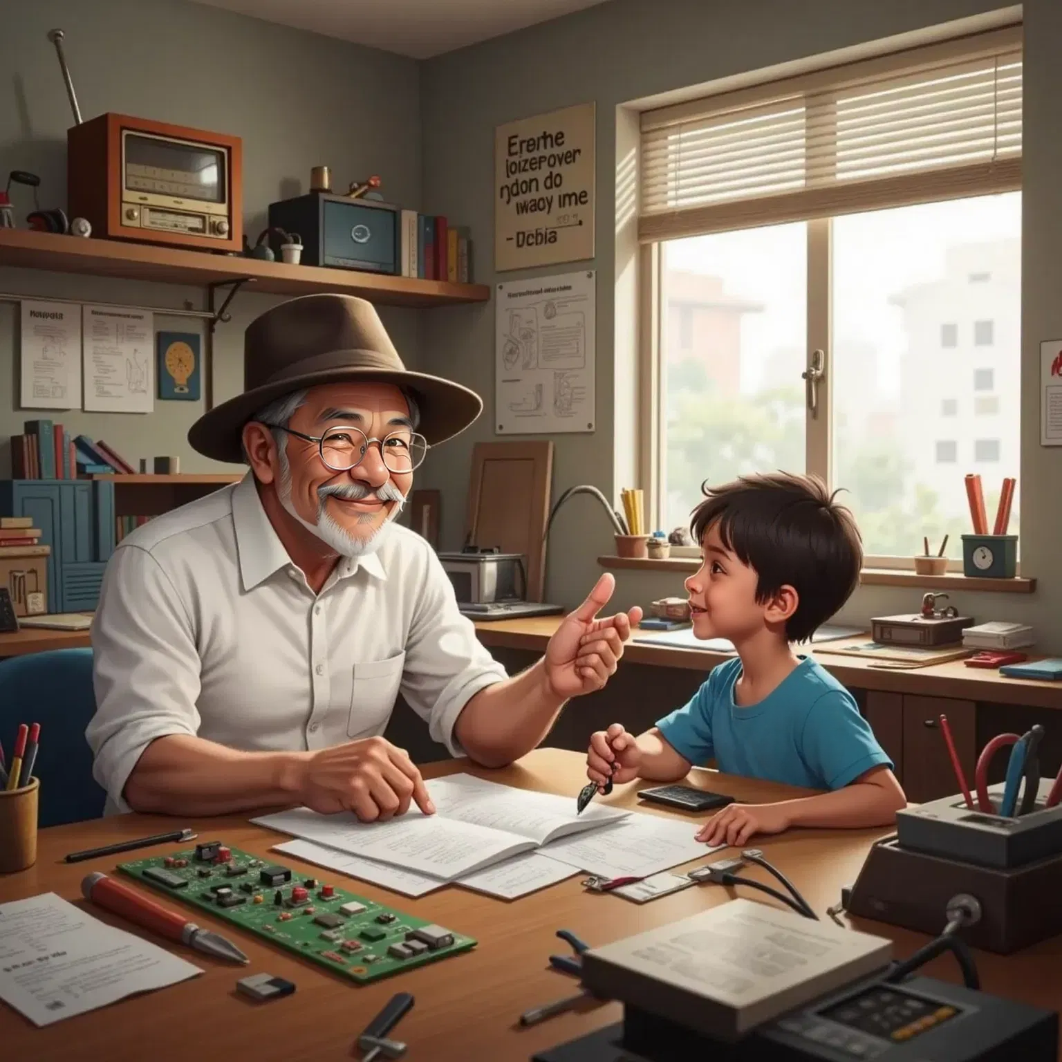 Señor Misterioso, a 60-year-old man, smiling and talking to an excited Roberto in a workshop filled with tools and circuit boards