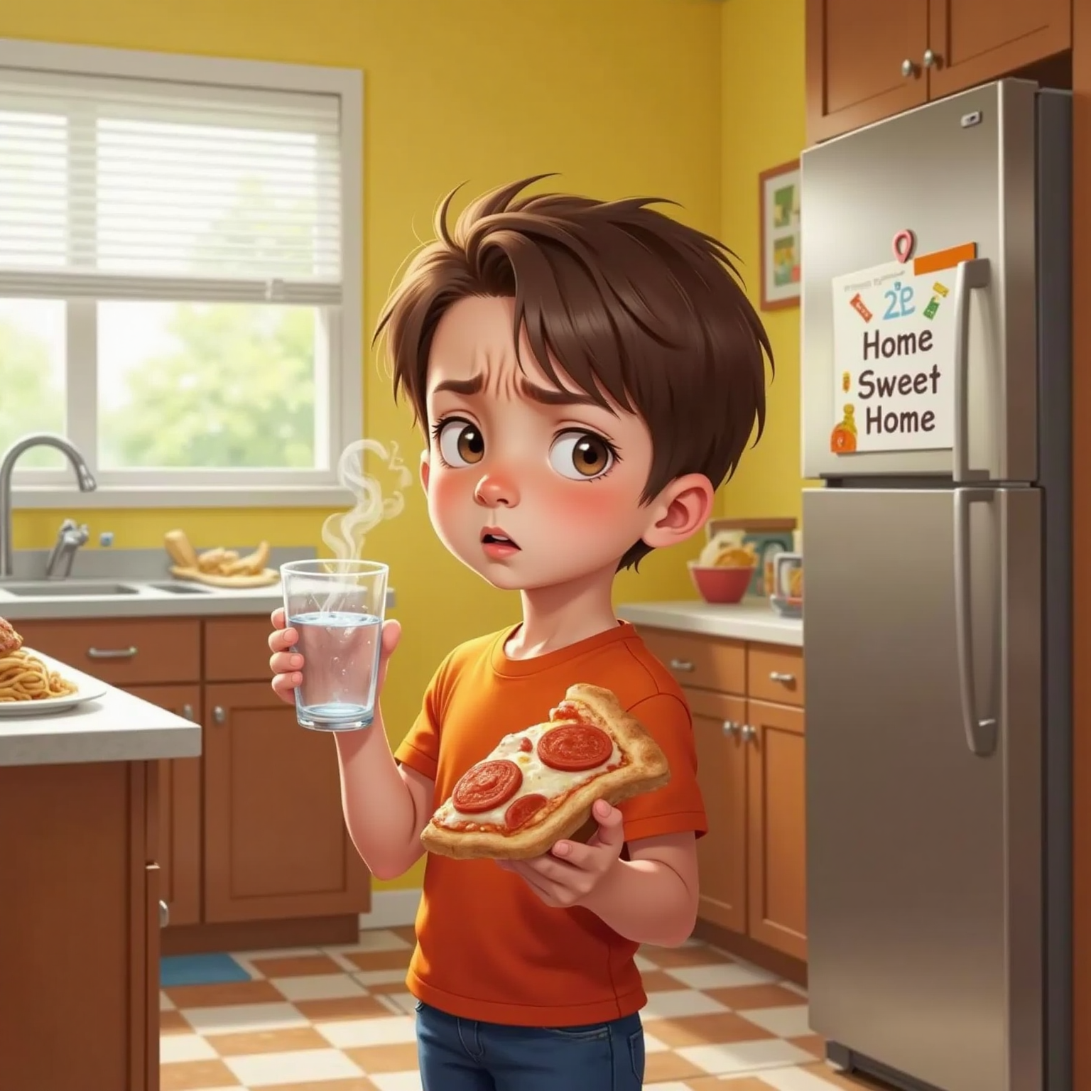 Roberto with a puzzled expression, holding a slice of pizza and a glass of water in a kitchen setting