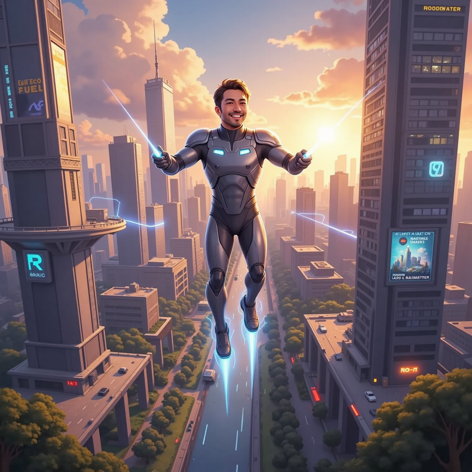 Roberto smiling happily, emitting laser beams and flying in a futuristic cityscape