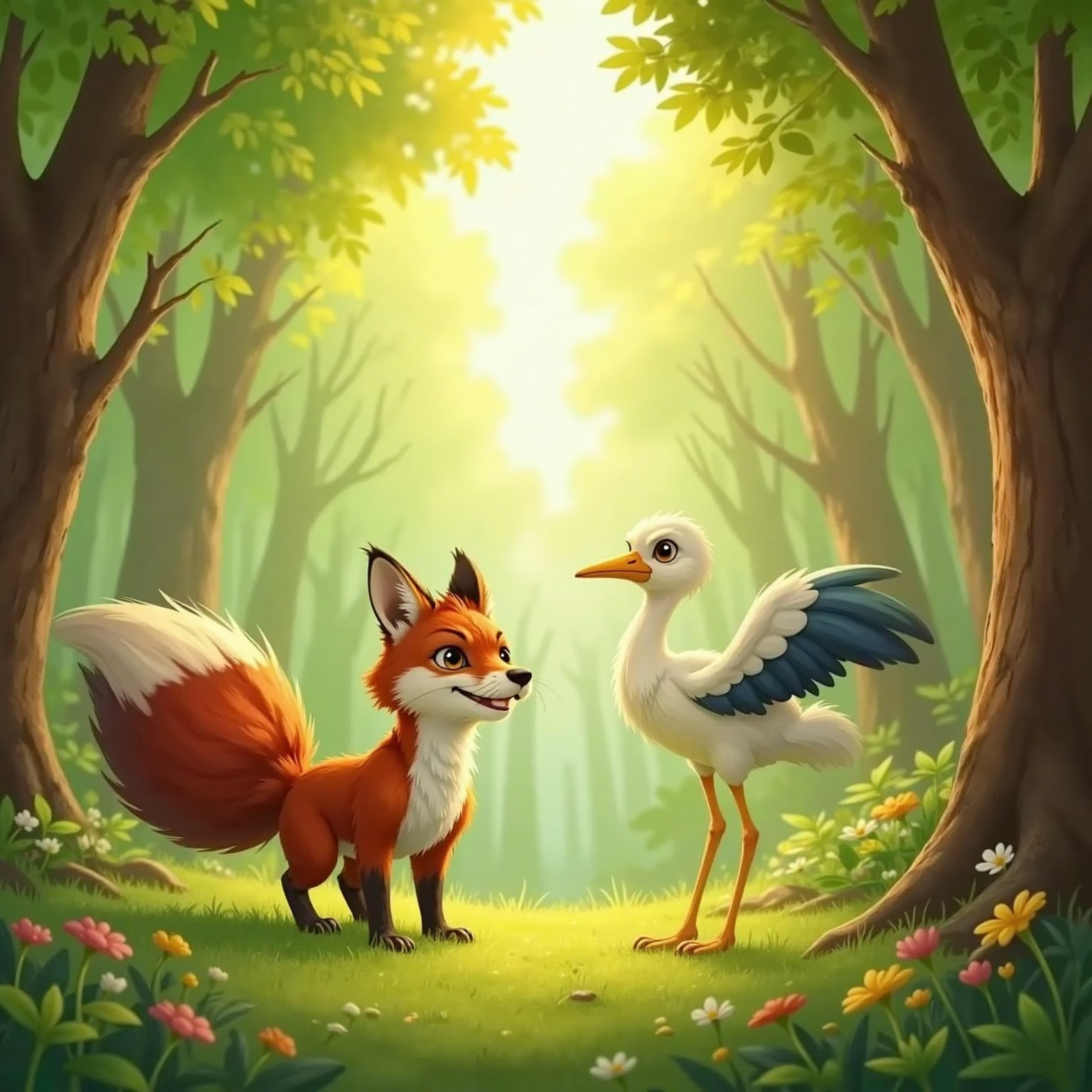 A sly fox with long tail smiling, and a cheerful stork with a cheerful face and long legs flapping her wings happily. A sunny forest background.