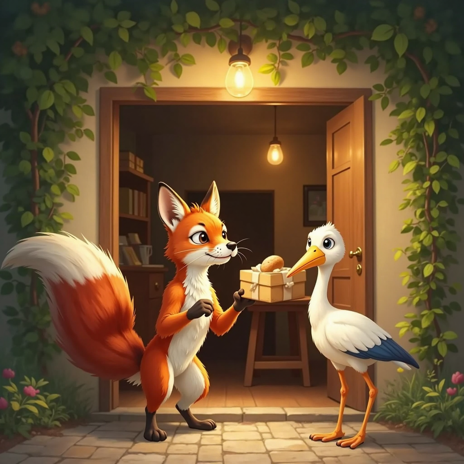 A sly fox with long tail standing at the door of a cozy home, welcoming a cheerful stork with a cheerful face and long legs. The aroma of food fills the air.
