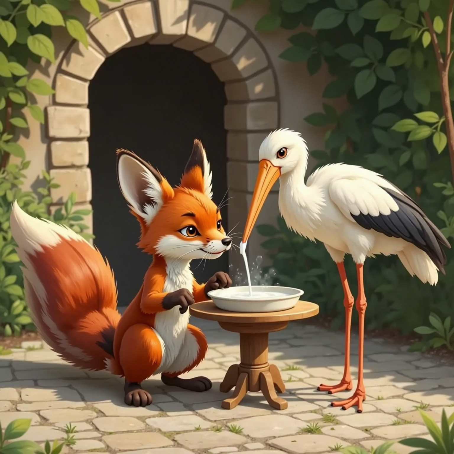 A sly fox with long tail licking a flat plate clean, while a cheerful stork with a cheerful face and long legs struggles to eat with her long beak. A sly smile on the fox's face.