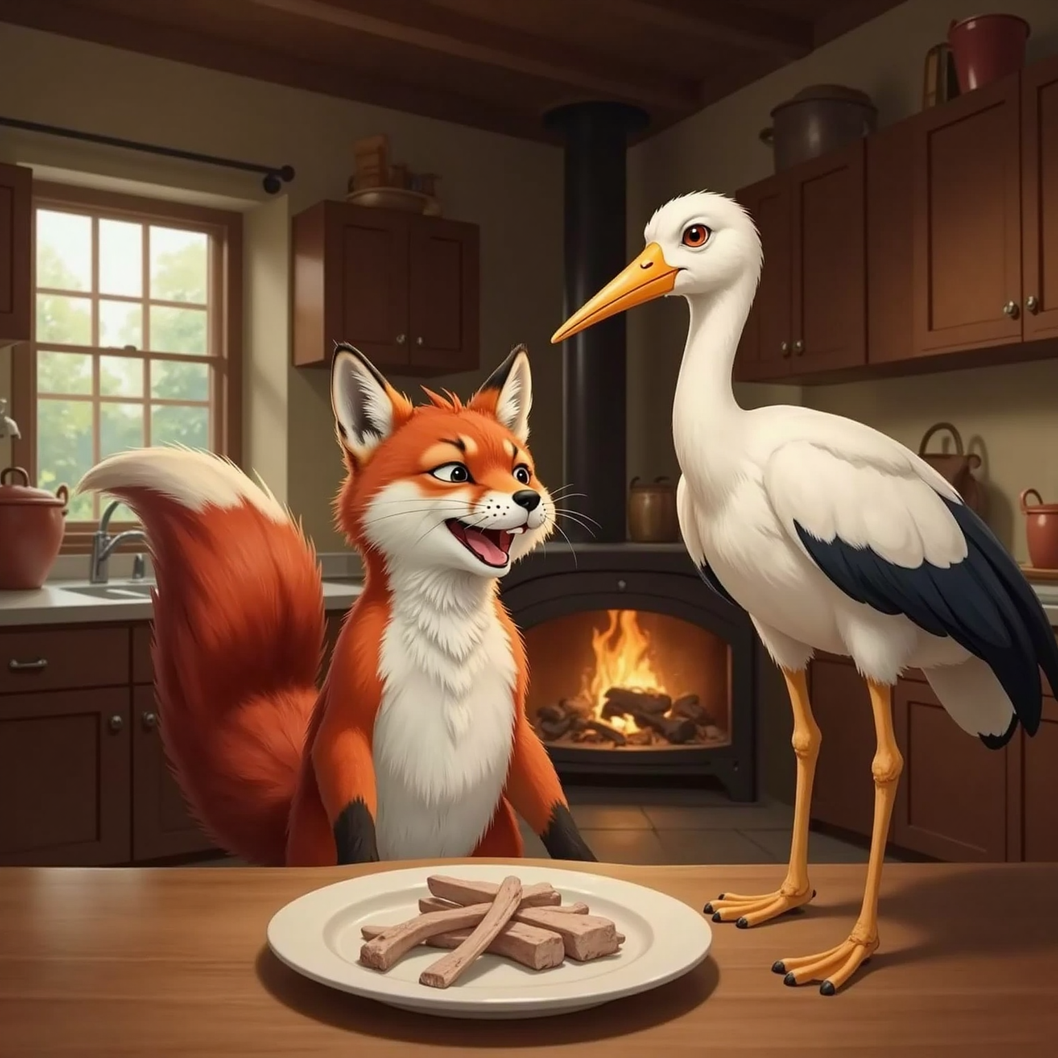 A sly fox with long tail laughing with a full belly, while a cheerful stork with a cheerful face and long legs looks sad but polite. A cozy home setting.