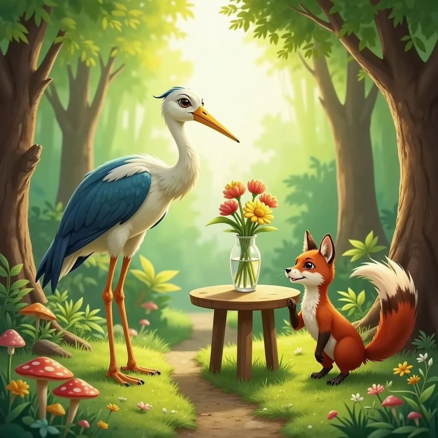 A cheerful stork with a cheerful face and long legs inviting a sly fox with long tail to dinner, both smiling. A sunny morning forest background.