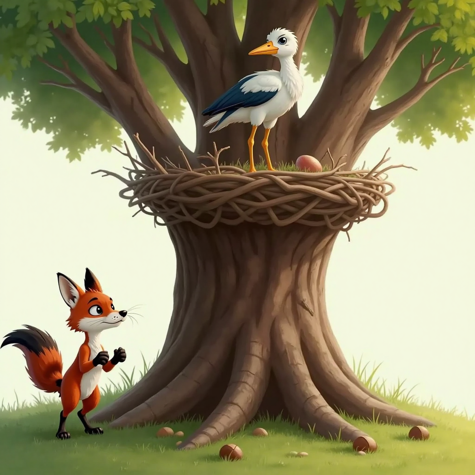 A sly fox with long tail sniffing the air hungrily at the doorstep of a tall nest. A cheerful stork with a cheerful face and long legs welcomes him kindly.