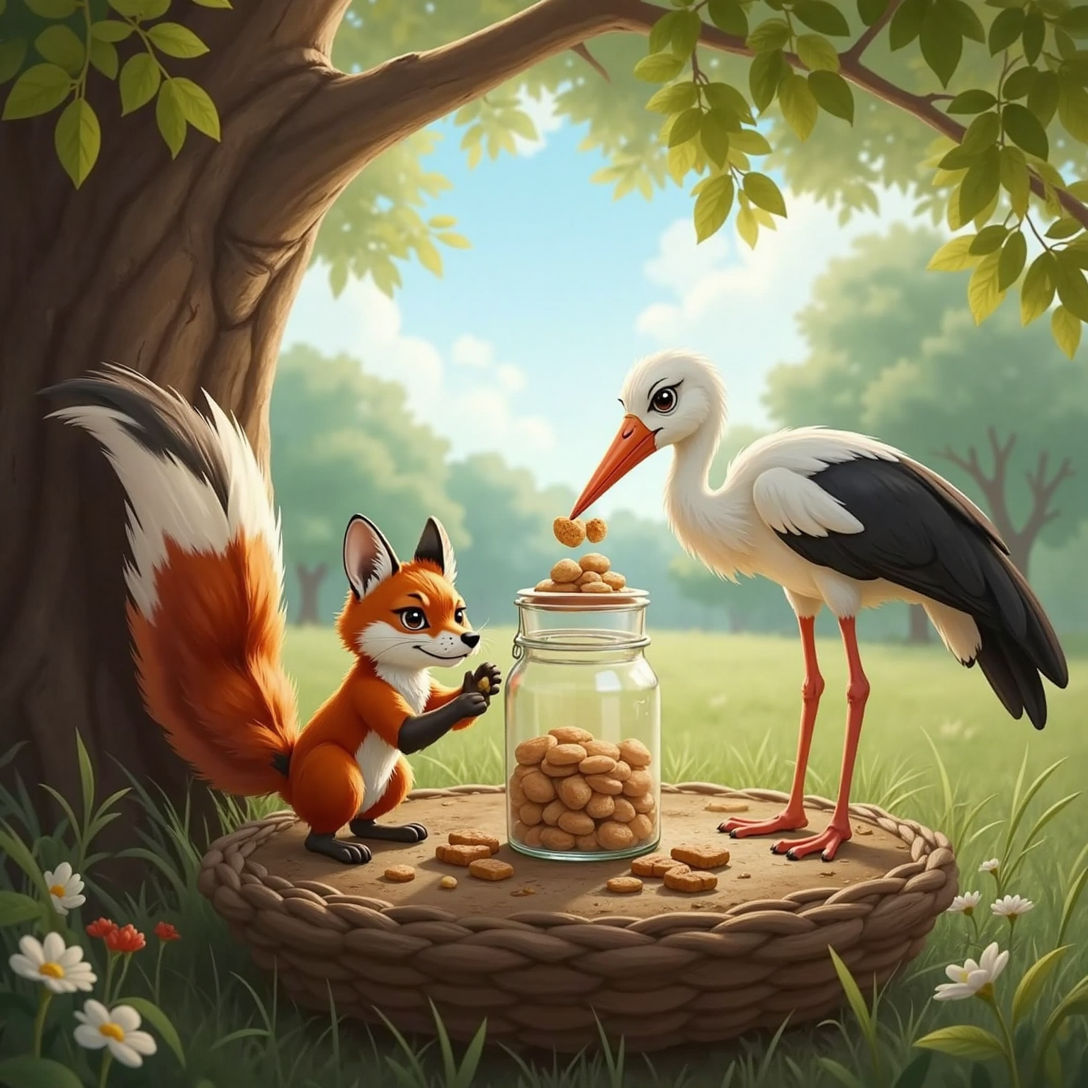 A cheerful stork with a cheerful face and long legs eating from a tall jar with a narrow neck, while a sly fox with long tail struggles to reach the food. A nest setting.