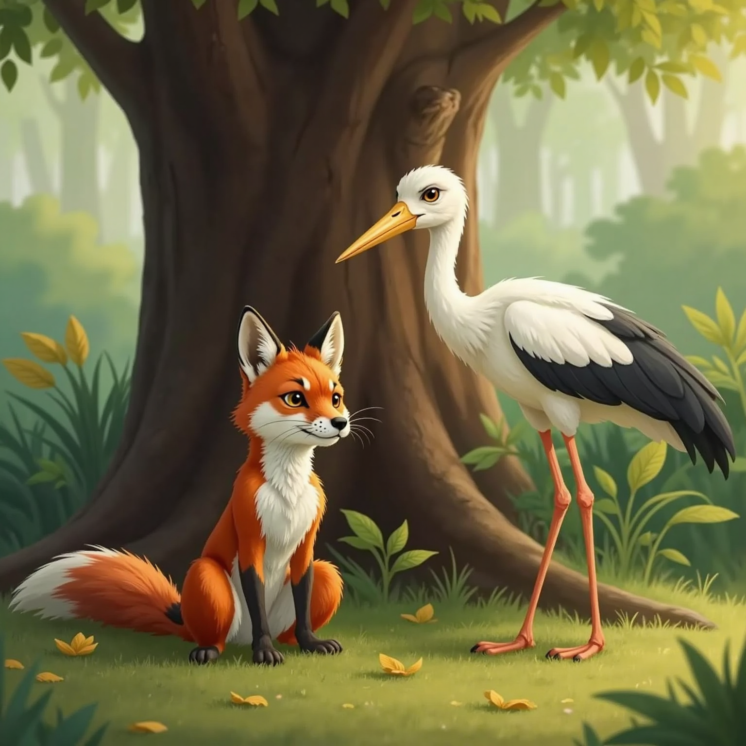 A sly fox with long tail looking sad and hungry, while a cheerful stork with a cheerful face and long legs glances kindly. A lesson learned.