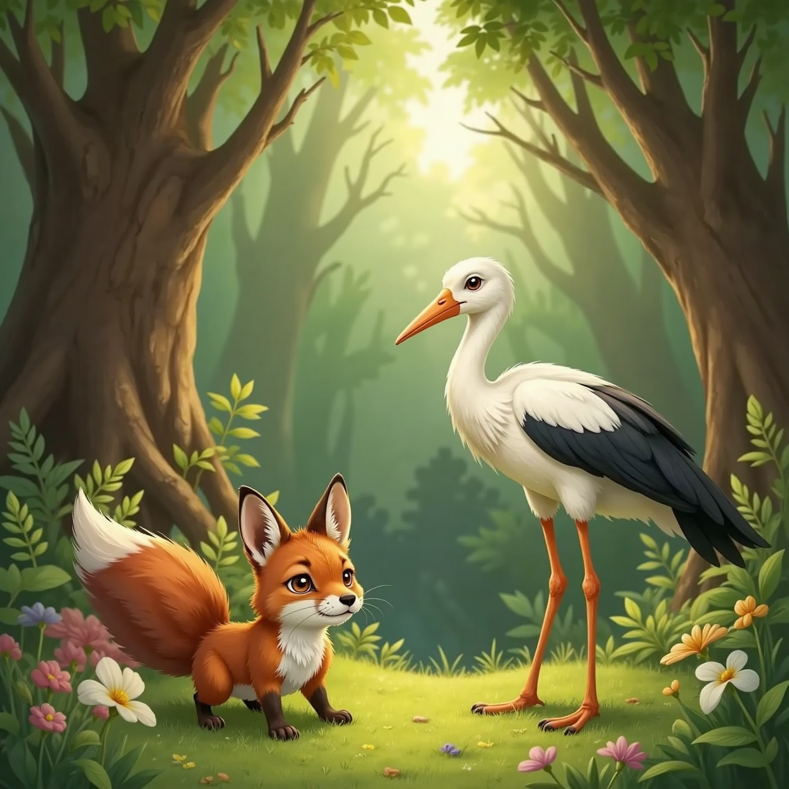 A sly fox with long tail lowering her head apologetically, while a cheerful stork with a cheerful face and long legs nods understandingly. A forest background.
