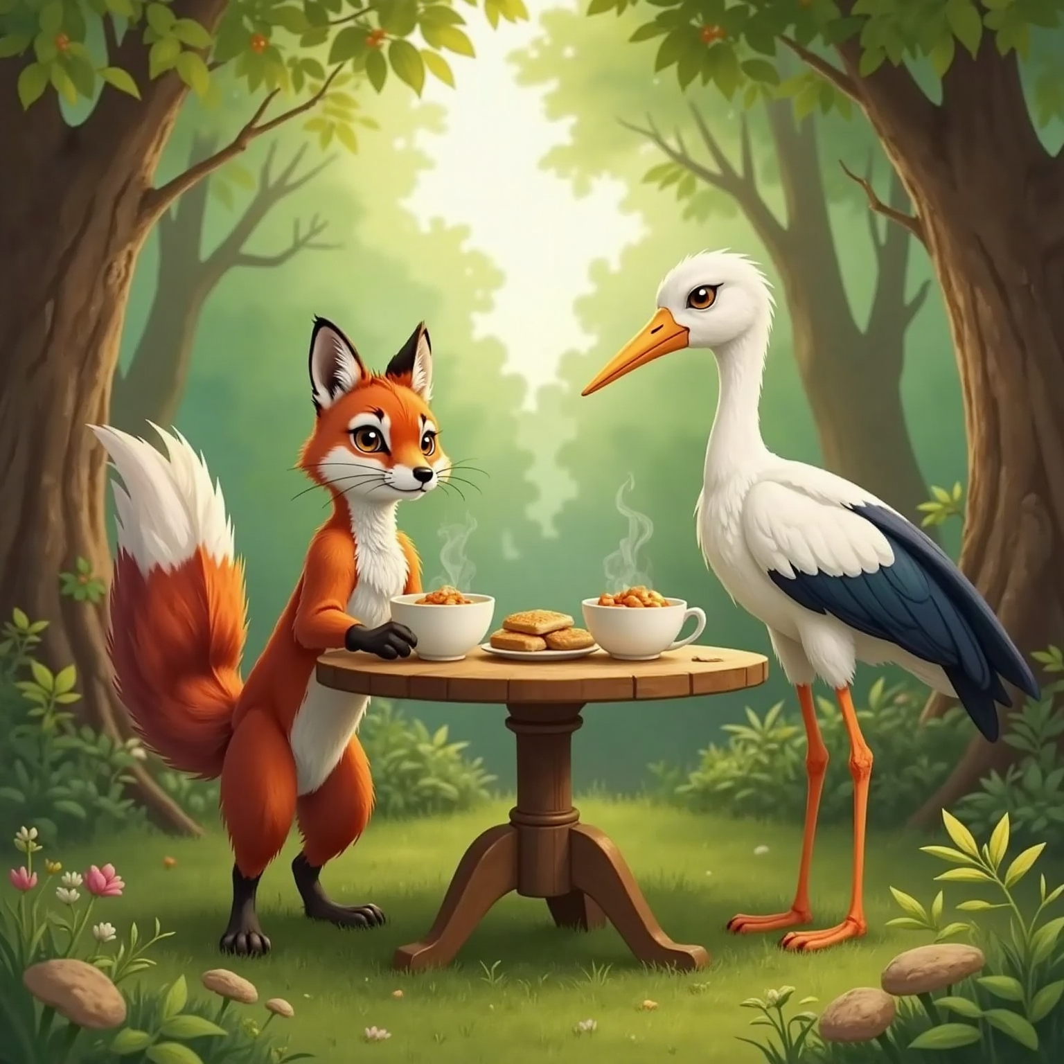 A sly fox with long tail and a cheerful stork with a cheerful face and long legs sharing a meal with smiles. Bowls of soup and bread between them. A forest setting.