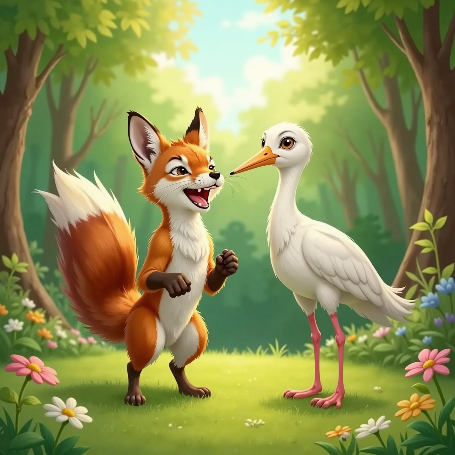 A sly fox with long tail and a cheerful stork with a cheerful face and long legs laughing together, their friendship evident. A forest background.