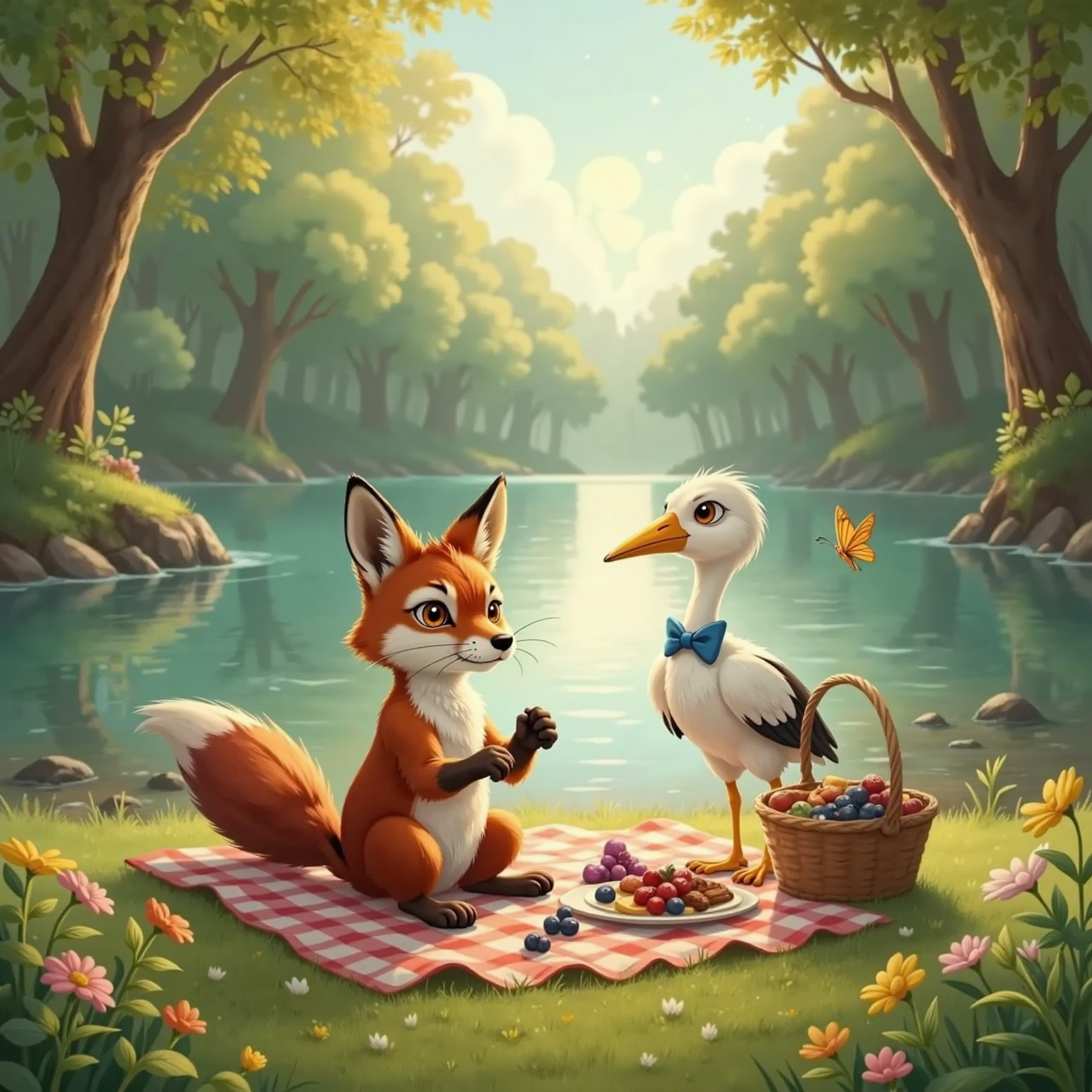 A sly fox with long tail and a cheerful stork with a cheerful face and long legs having a picnic by the river, sharing food and laughter. A sunny forest riverbank.