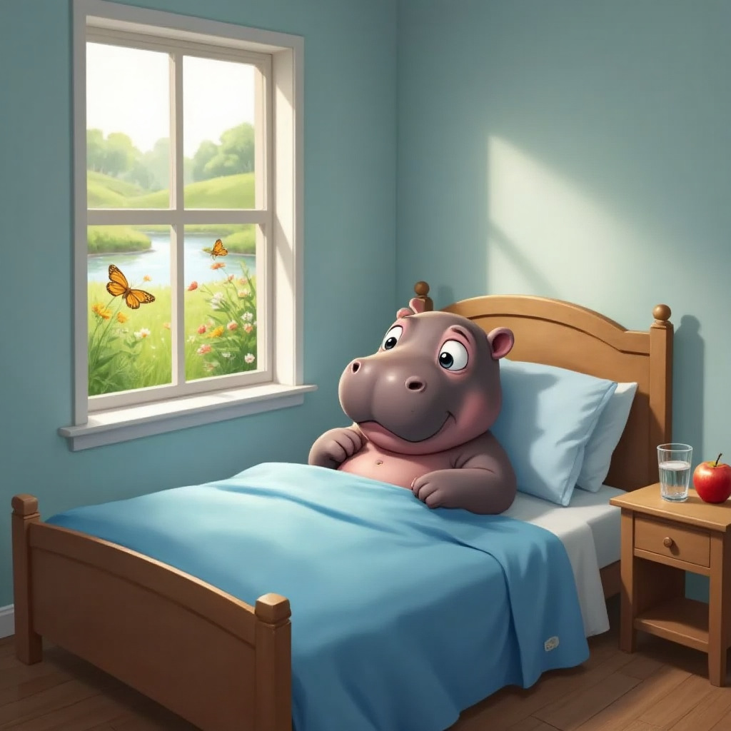 Hugo, a cute fat hippo with big eyes, lying in a cozy bed looking sad, rubbing his tummy. The room is simple with a small window showing a grassy riverbank outside.