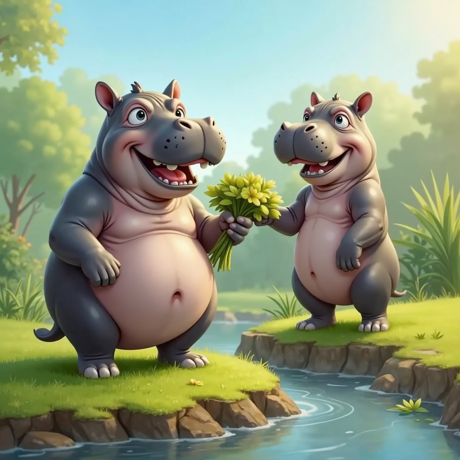 Hugo, a cute fat hippo with big eyes, grinning with happiness next to a cheerful hippo with a bright smile. The cheerful hippo is holding out a bundle of leafy snacks. Green grass and a river in the background.