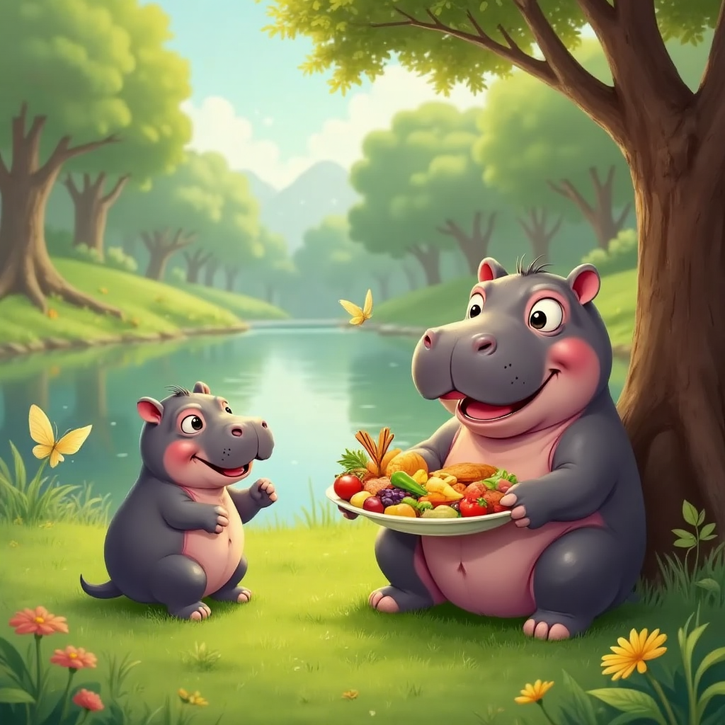 Hugo, a cute fat hippo with big eyes, smiling warmly, sitting on the grass and offering snacks to a new hippo with a shy smile. A calm river and trees in the background.