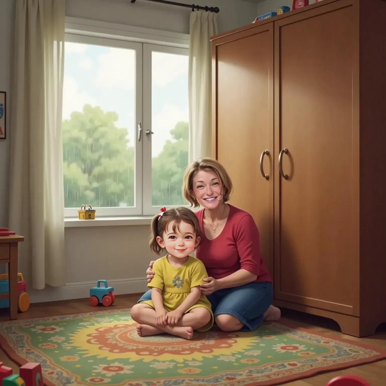 Jade sitting cross-legged on a colorful rug, looking excited, with Momo, a 50yo woman with gentle eyes and short grey hair, smiling beside her. Rainy window and a big closed closet in the background.