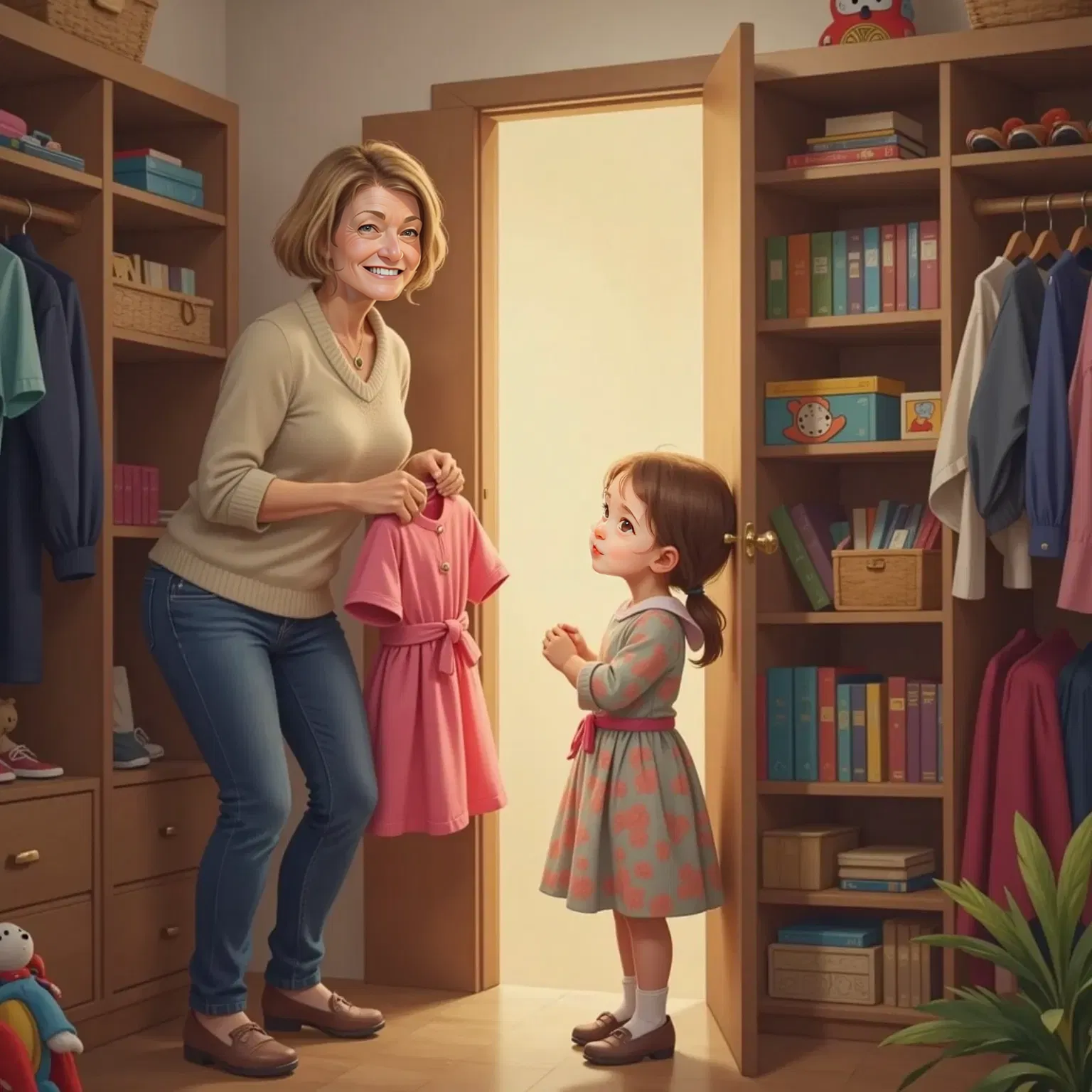 Momo, a 50yo woman with gentle eyes and blond hair, wearing jeans and a jacket, pressing a button behind a pink dress in a closet. Jade, eyes wide with wonder, stands next to her. A secret door opened inside the closet.