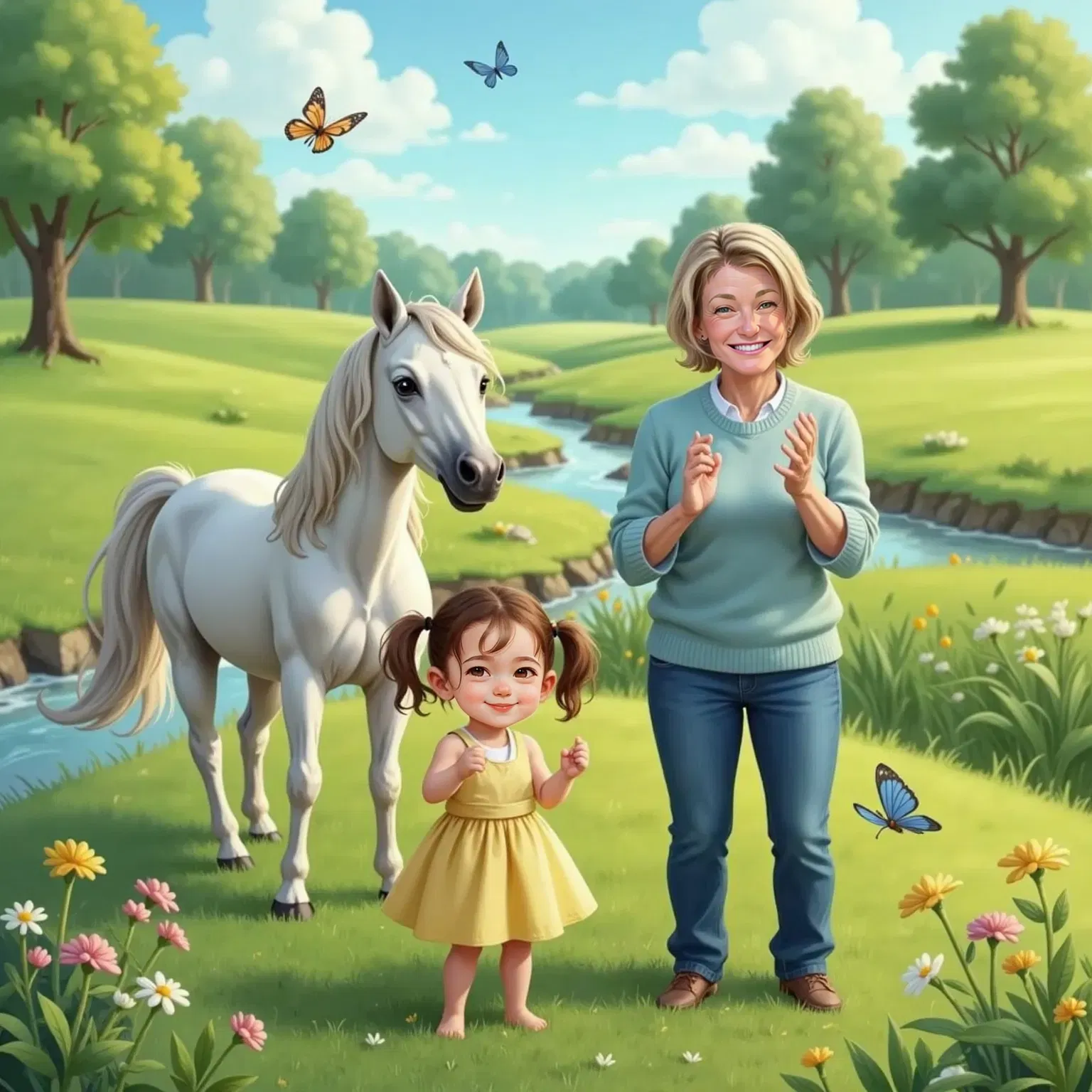 Jade, smiling and clapping, stands in a bright grassy land with sparkling blue streams. A white horse with a shiny mane stands close, looking friendly. Momo, smiling, stands nearby, wearing jeans and a sweater.