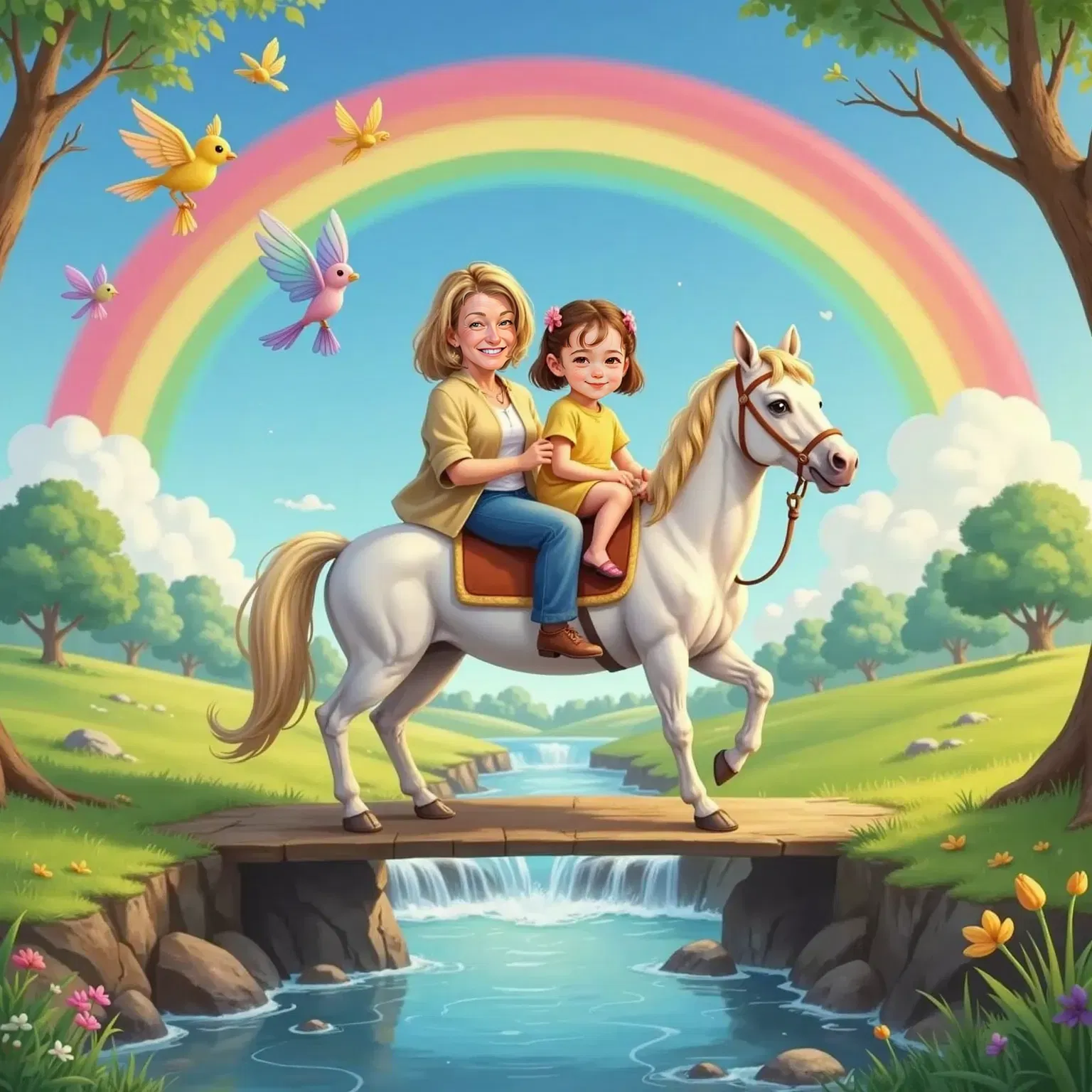 A glowing rainbow bridge over a sparkling stream, with Jade sitting on Star, the white horse with a shiny mane. Momo, holding Jade, looks happy. Colorful birds fly above them. Momo is 50 years old and is wearing jeans and a sweater.