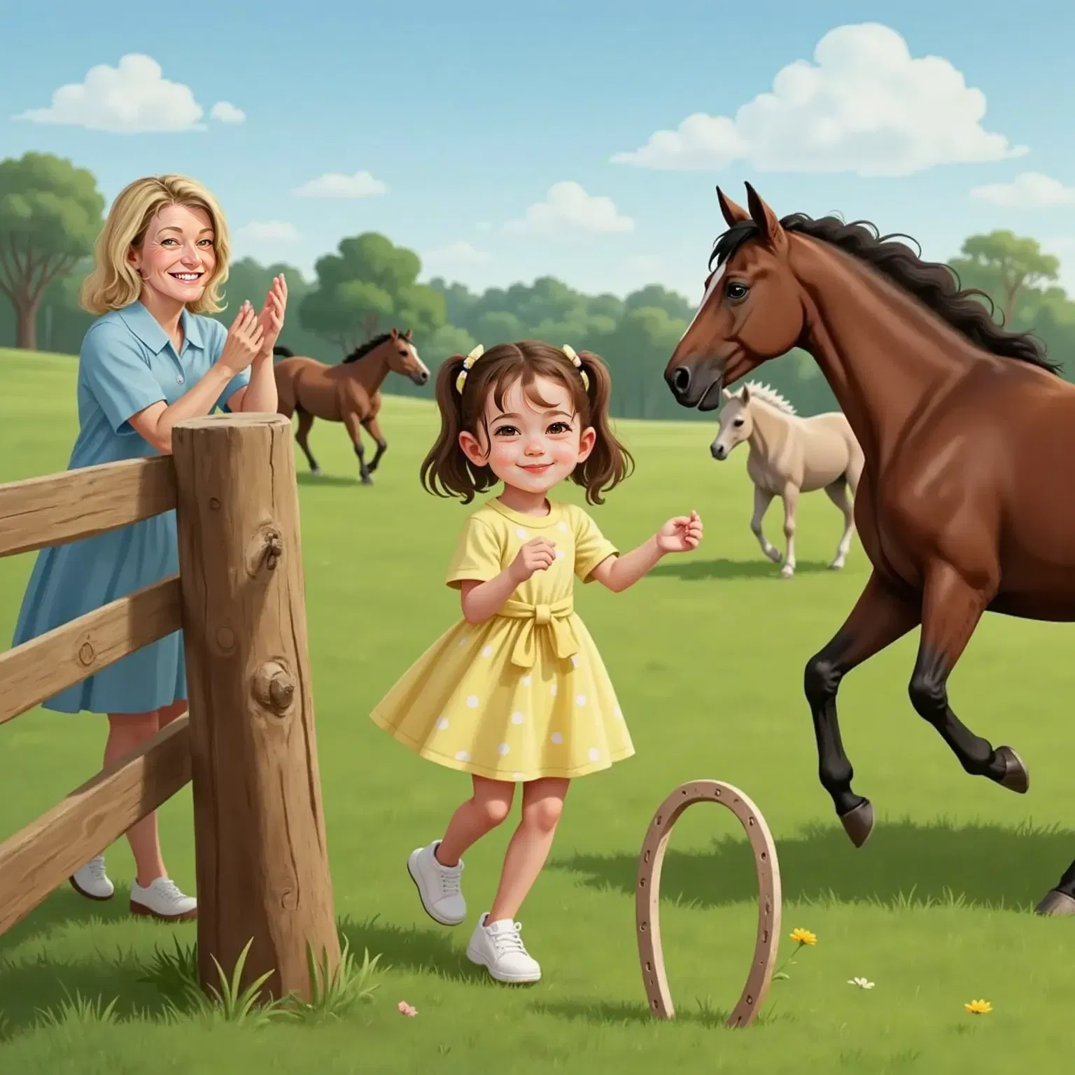 Jade, smiling, tosses a shiny horseshoe toward a wooden stake. A brown horse stands nearby, watching. Momo, a 50yo woman with gentle eyes and short grey hair, cheers for Jade. Other horses play in the background.