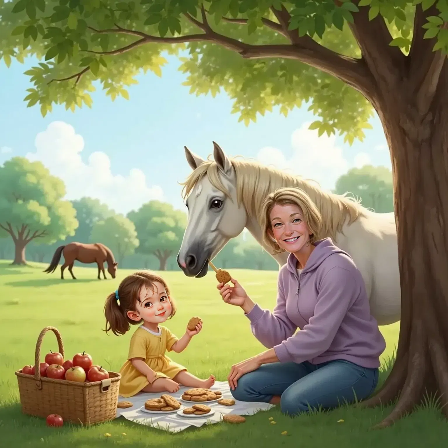 Jade and Momo, sitting under a shady tree, share cookies and apple slices from a tiny picnic basket with Star, the white horse with a shiny mane. Horses graze nearby. Jade looks dreamy and happy. Momo has jeans and a sweater on.