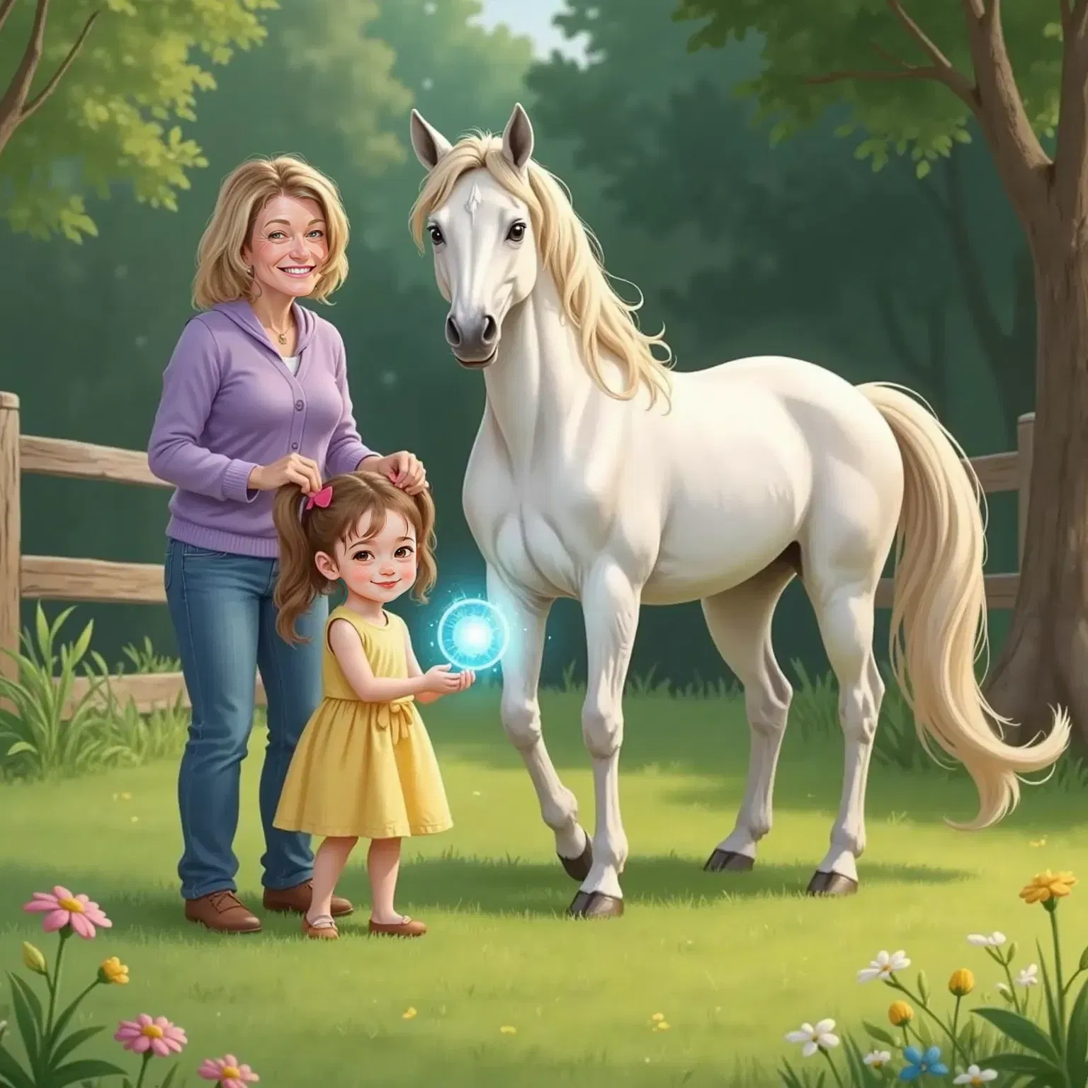 Jade, holding a glowing sparkly blue flower, stands in soft grass with Momo. Star, the white horse with a shiny mane, prances joyfully around them. Jade's face is full of wonder. Momo is wearing blue jeans and a sweater with medium length hair.