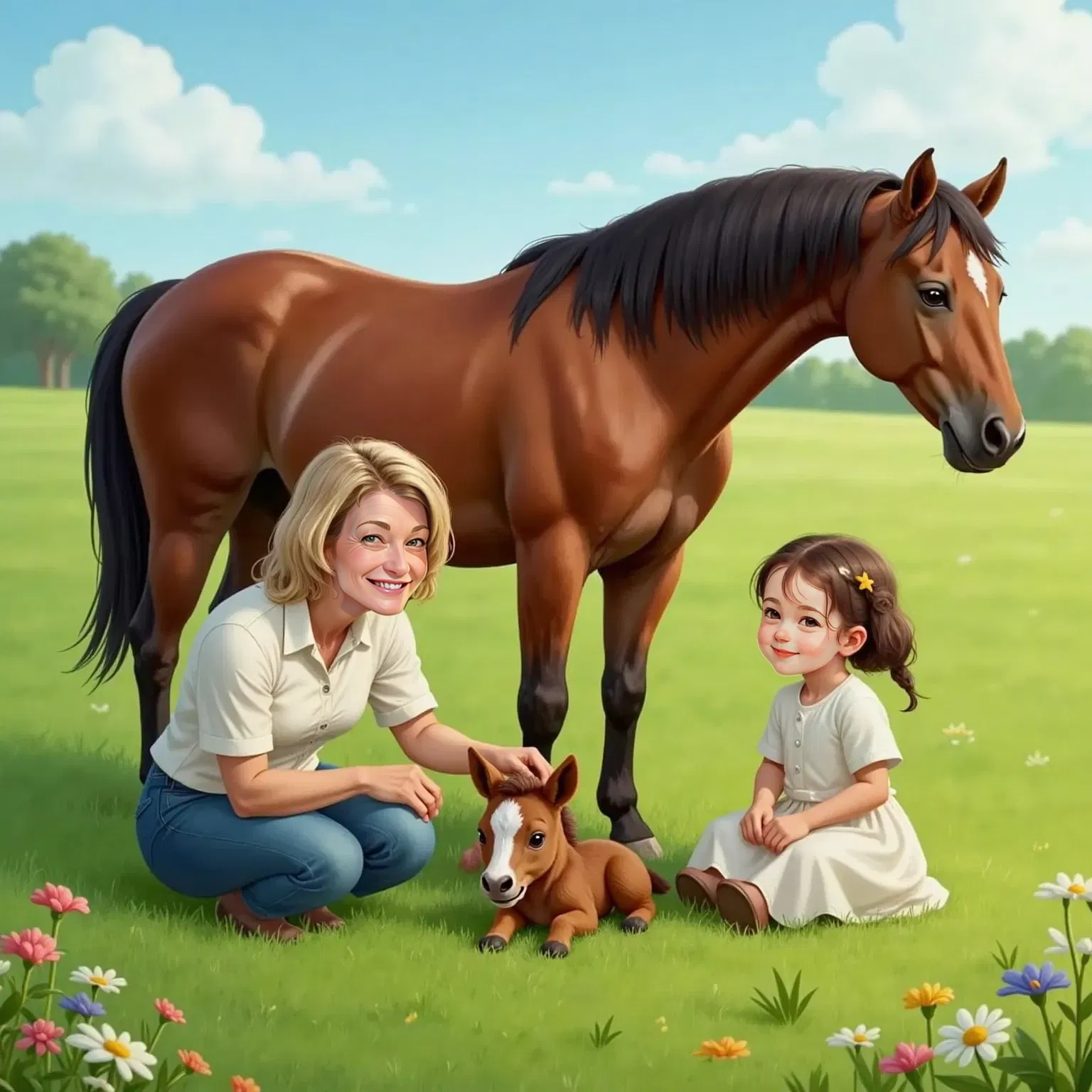 A tiny foal with a white patch on its forehead sits in the grass, looking comforted. Momo, a 50yo woman with gentle eyes and short grey hair, gently pats the foal's head. Jade kneels nearby, smiling softly. Star and other horses form a protective circle.