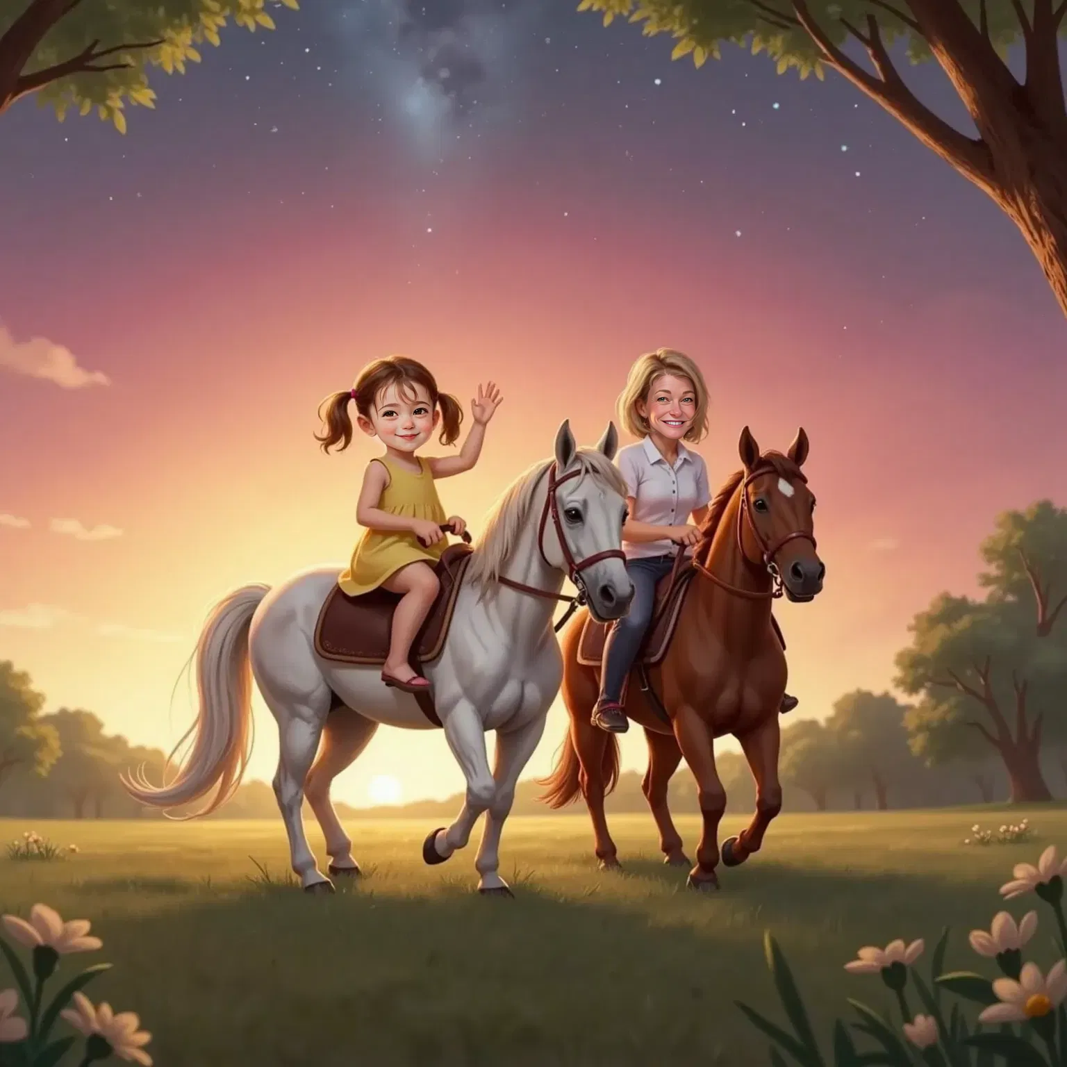 Jade, smiling and waving, rides Star, the white horse with a shiny mane, as Momo rides beside her on another horse. Pink and gold sunset sky, stars beginning to appear. Birds perched on tree branches in the background.
