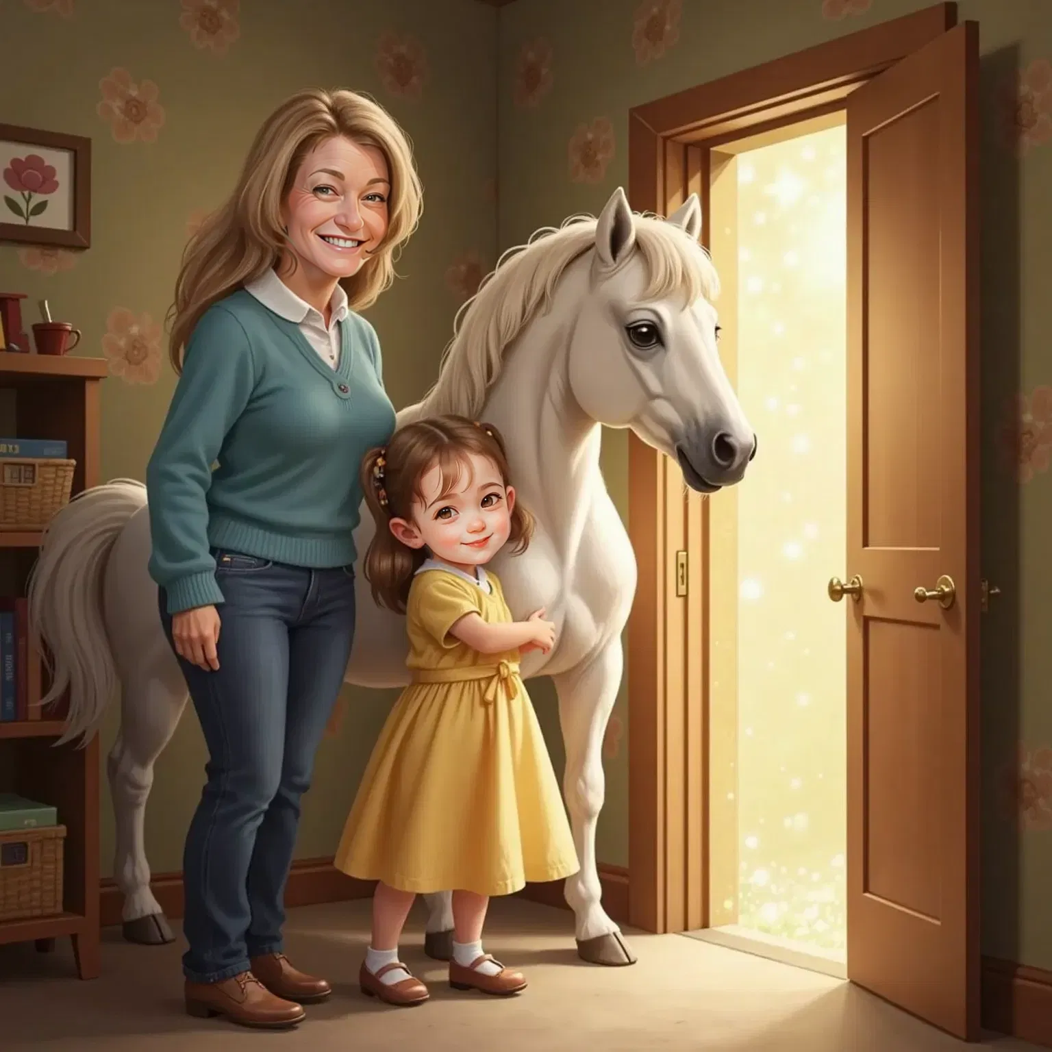 Jade hugging Star, the white horse with a shiny mane, goodbye. Momo, a 50yo woman with gentle eyes and blond medium length hair, stands beside a sparkling magical door in a cozy closet. Jade looks grateful and happy. Momo is wearing jeans and a sweater.