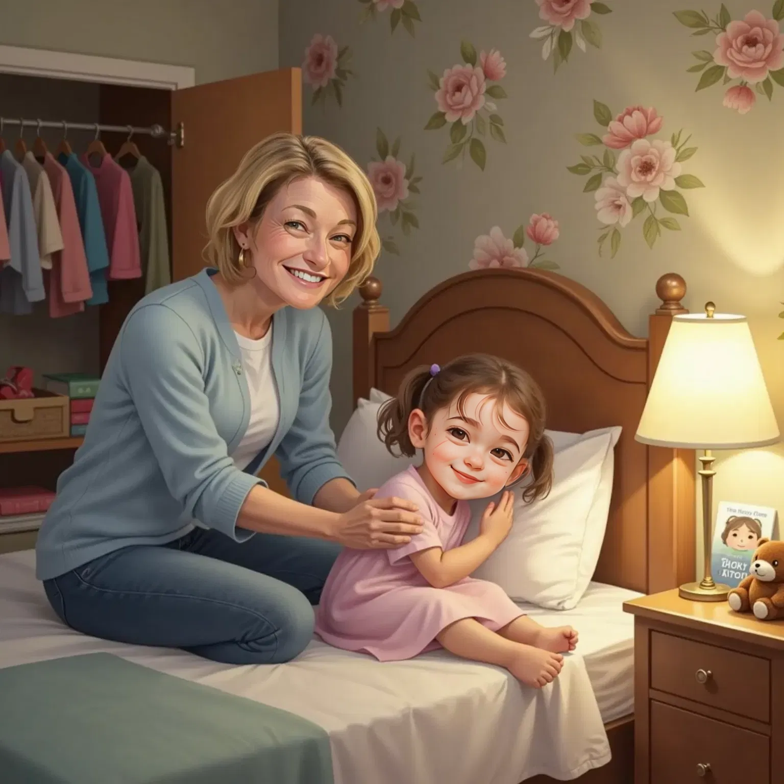 Momo, a 50yo woman with gentle eyes and medium length blond hair, tucks Jade into bed, brushing her brown hair gently. Jade, sleepy and content, smiles. The closet door is visible in the cozy bedroom background. Momo is wearing jeans and a sweater.