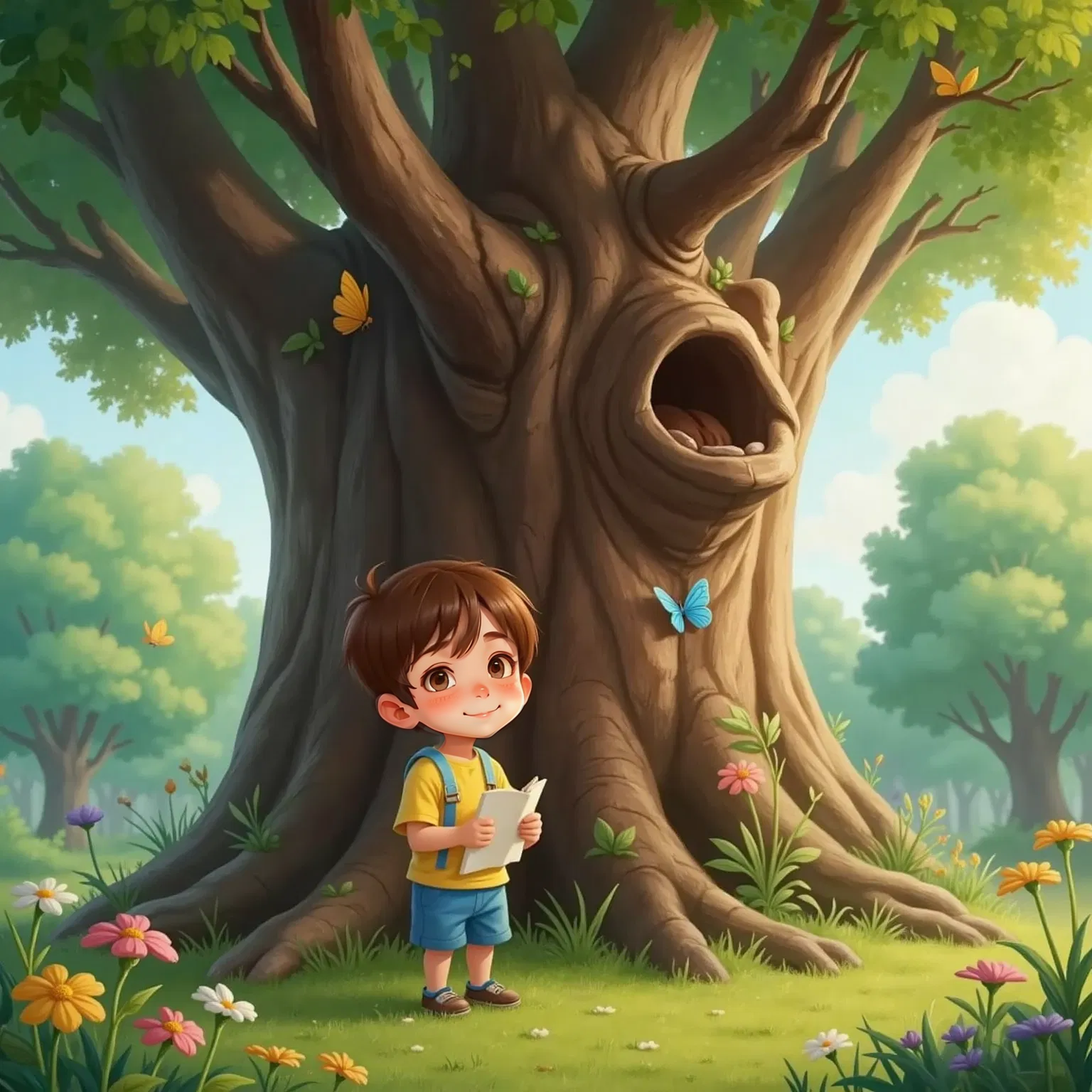 Milo standing in front of an enormous oak tree with a warm, friendly face formed by knots and bark. The tree's large branches spread overhead, sunlight filtering through the leaves. Milo looks amazed, mouth open in awe.