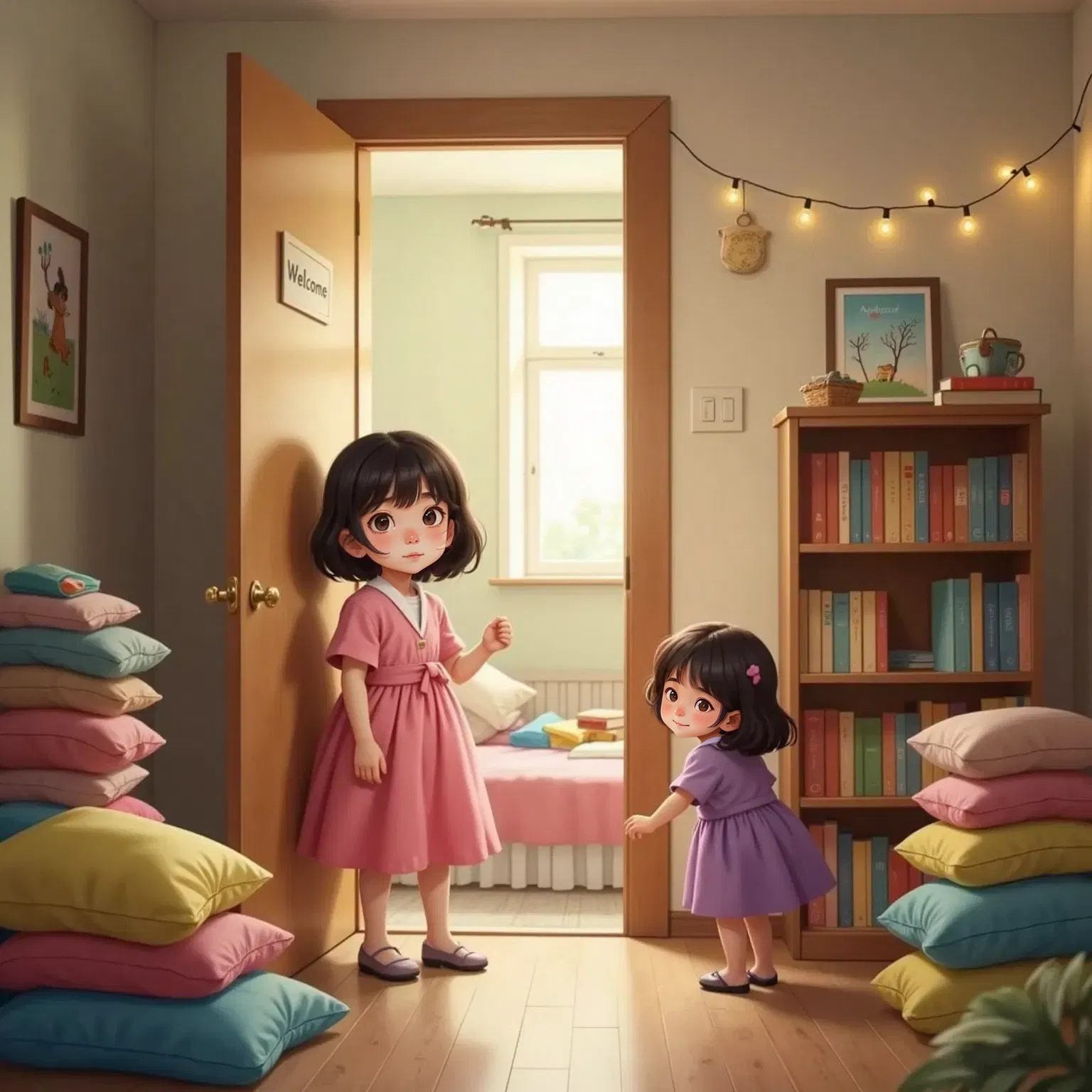 Lila smiling at Luna, who is peeking into Lila's room with a shy expression. A pile of pillows and blankets ready for a fort in the cozy bedroom.