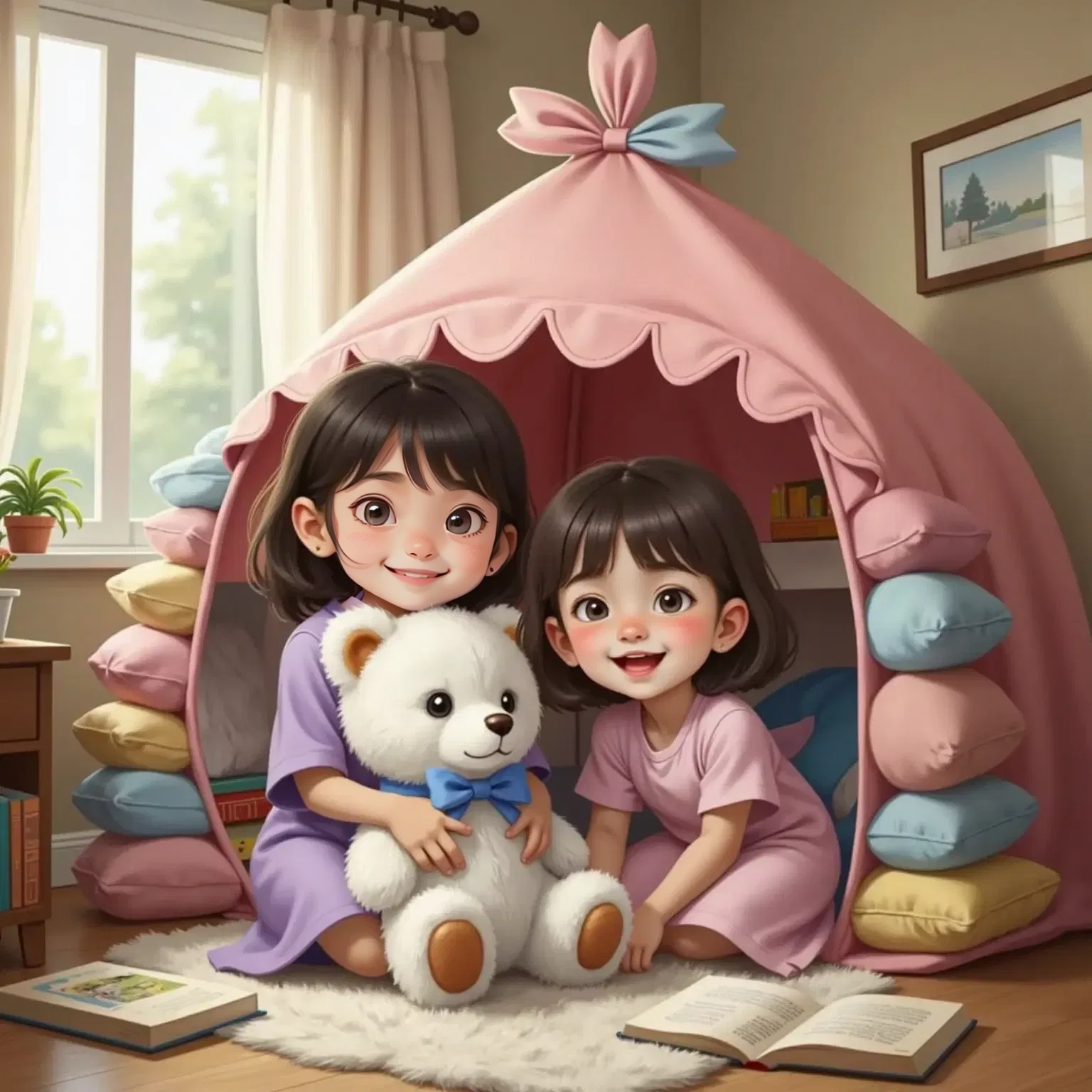 Luna beaming and hugging a fluffy white teddy bear with a blue bow, while Lila watches with a gentle smile. A pillow fort in the background.
